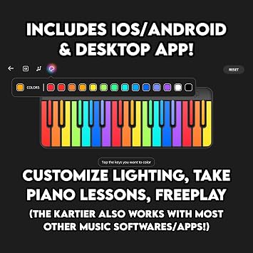 Kartier Piano MIDI Keyboard, Includes 1,000+ Famous Sounds/Presets, LED Light-Up Keys, Bluetooth & Wired Connection, IOS/Android & Desktop App Included