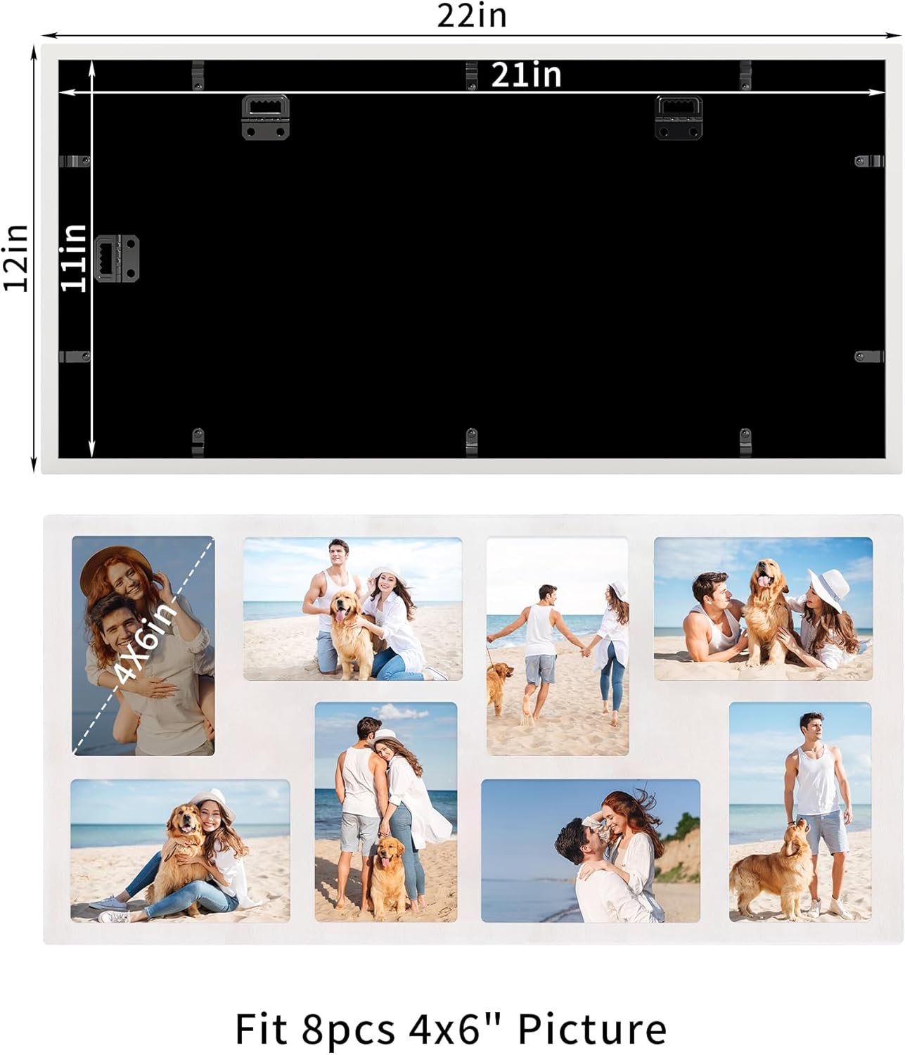 yeskay 4x6 picture frame collage for wall decor,multiple photo collage frames with tempered glass,8-opening for 4 x 6 picture frames,rustic white,1 pack(od:11.75x21in) rustic white 4x6 - 8 opening(od:11x22in)