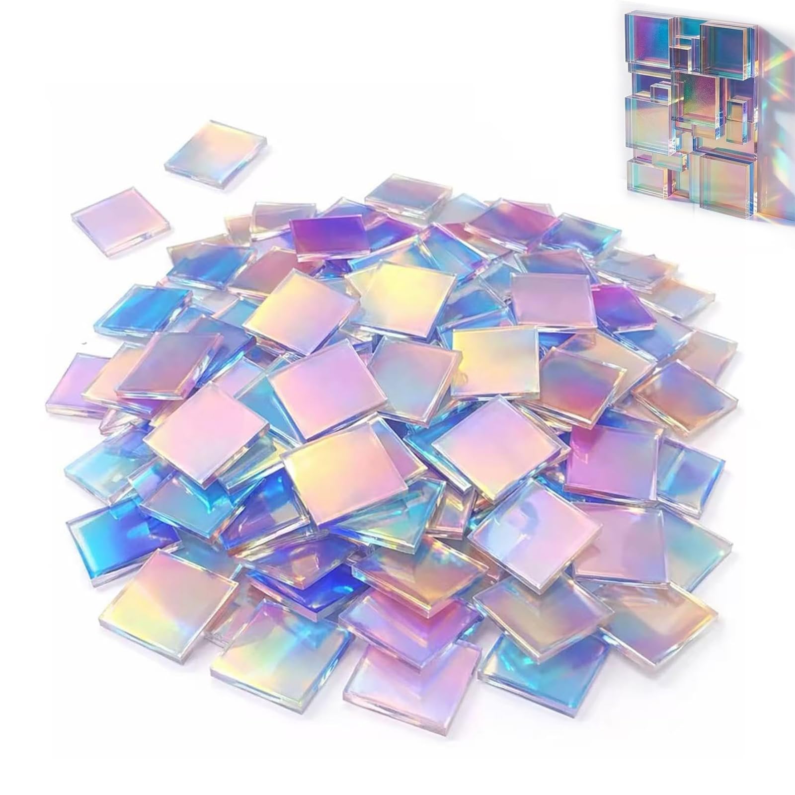 Domefahaso 100Pcs Blue Holographic Acrylic Mosaic Tiles 3x3cm, Craft Mosaic Stones Kit with Tweezers & Liquid Glue for DIY Handmade Art Decor