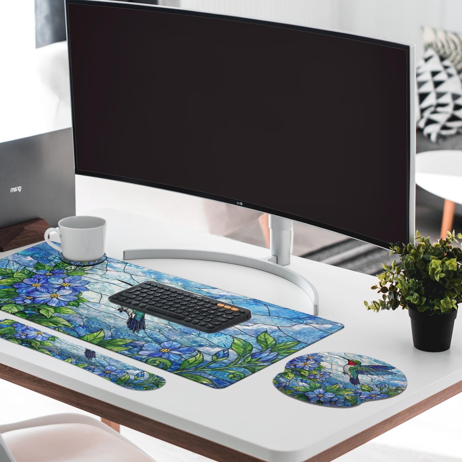 Britimes Set di tappetini per mouse con motivo floreale con colibrì botanico blu natura 4 in 1 grande tappetino per mouse + poggiapolsi + poggiapolsi + sottobicchiere design ergonomico per computer di