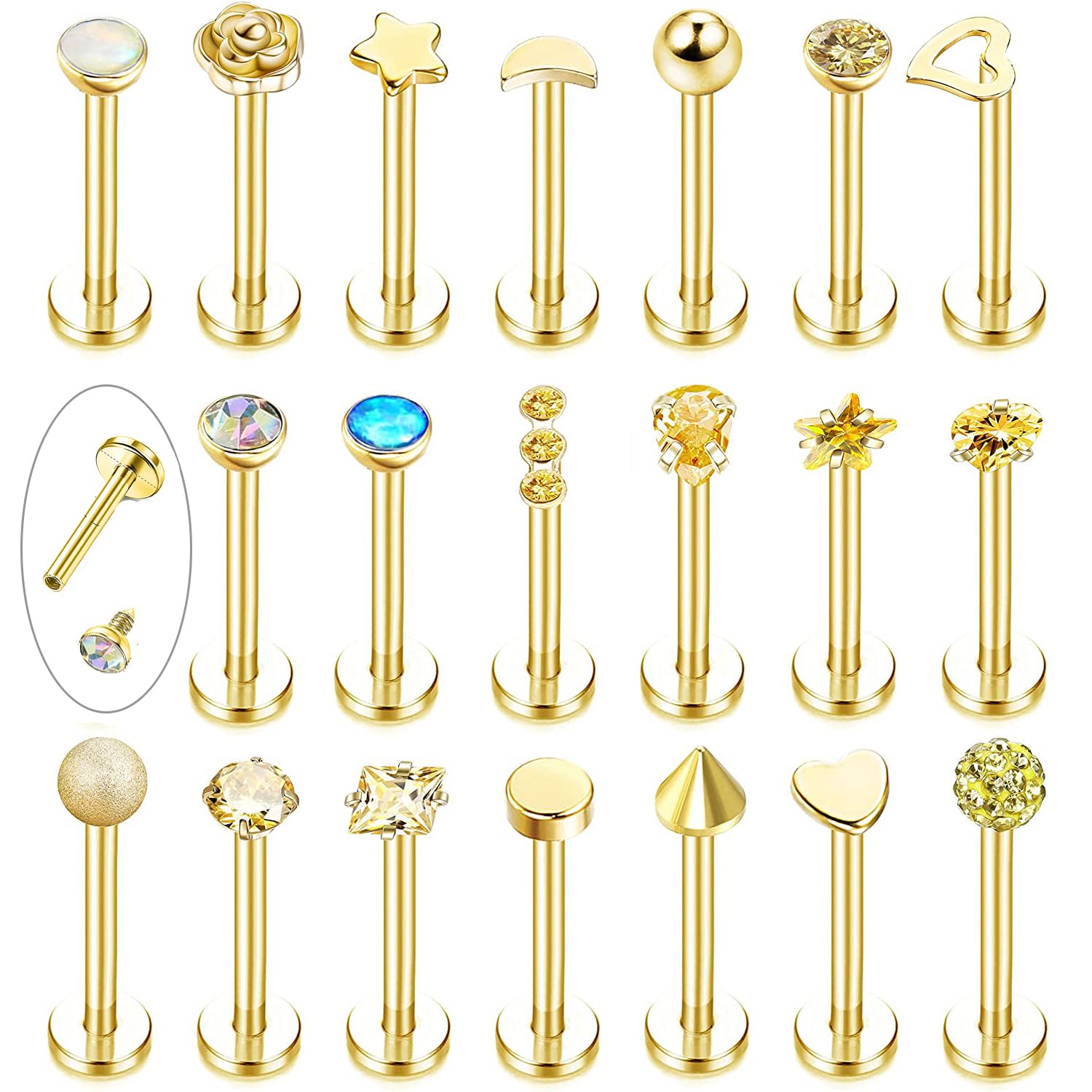LOLIAS20 Piezas Tragus Cartílago Piercing Helix Stud Pendientes para Mujer Hombre Piercing Oreja Labio Nariz Acero Inoxidable CZ Bolas Corazón Flor Medusa Flatback Piercing 16G