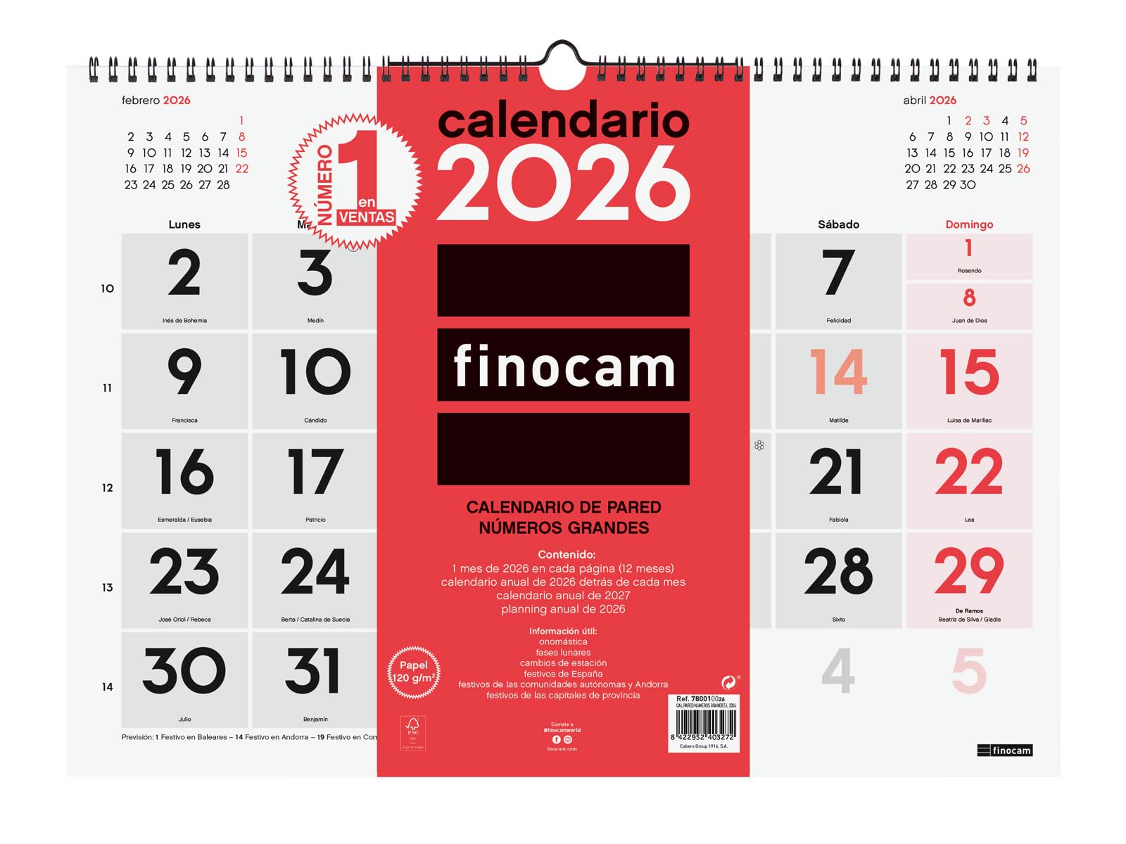 Finocam - Large Numbers Wall Calendar 2026 Month View January - December 2026 (12 Months) | Calendar 2026 | Neutral Monthly Planner - Spanish