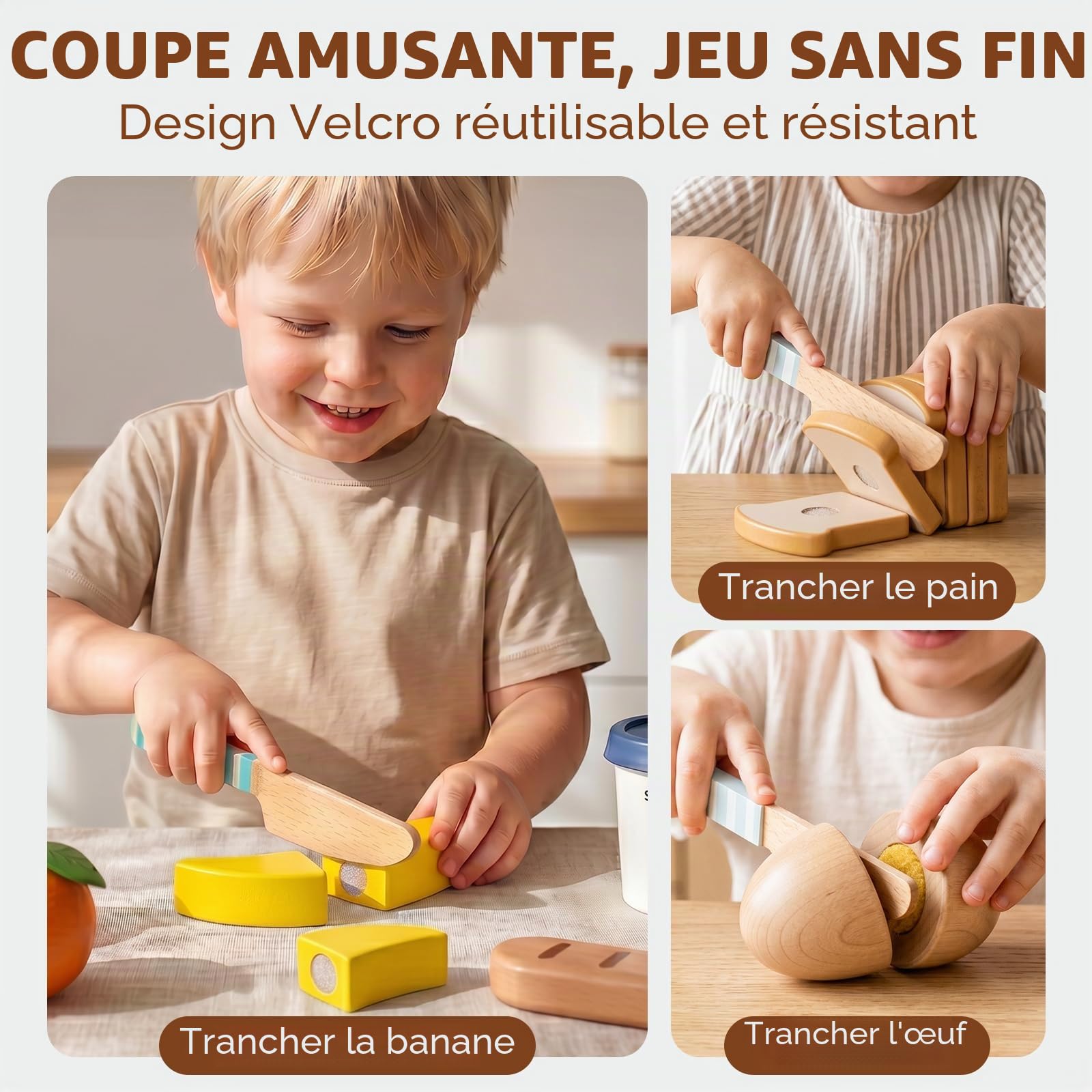 Lehoo Castle Cuisine en Bois Enfant, Jeu d'imitation Jeux Fruits a Decouper, Dinette avec Sac de Rangement, Jouets en Bois Cadeau Enfant Fille Garcon 2 3 4 5 6 Ans (Petit déjeuner)
