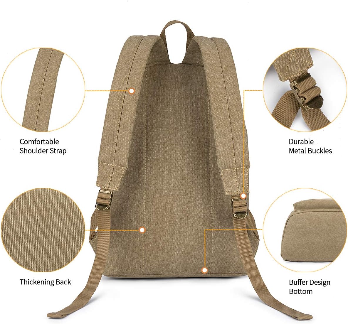Canvas College Laptop Backpack, Durable Rucksack, Travel Bag Fits 15.6 Inch Notebook for Men Women, Khaki