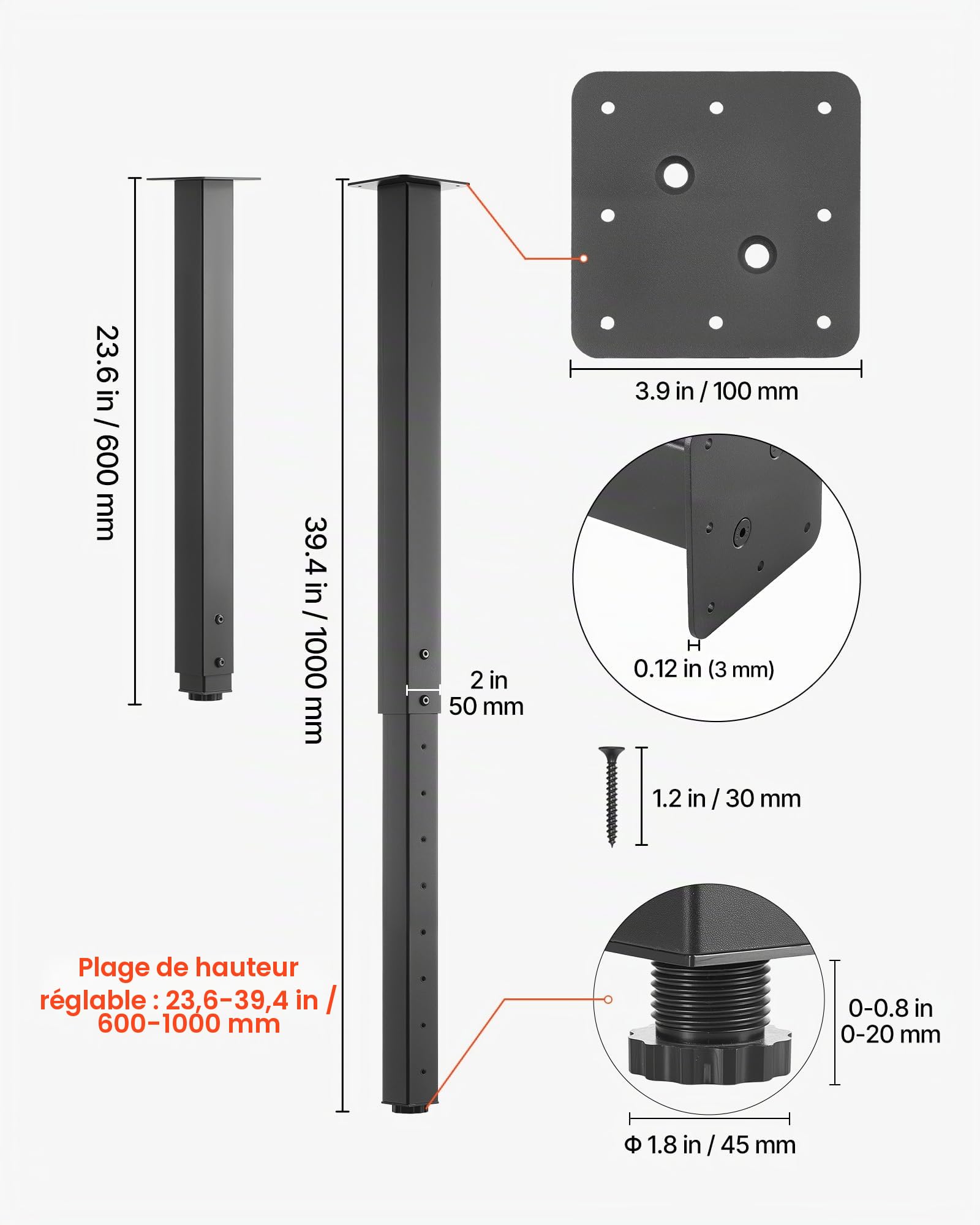 VEVOR Pieds de Table Réglables en Hauteur 610-1016 mm Lot de 4, Pieds de Bureau, Tubes Carrés en Acier au Carbone, Charge Max. 544 kg pour Bureau, Table à Manger, Établi et Table de Bar, DIY, Noir