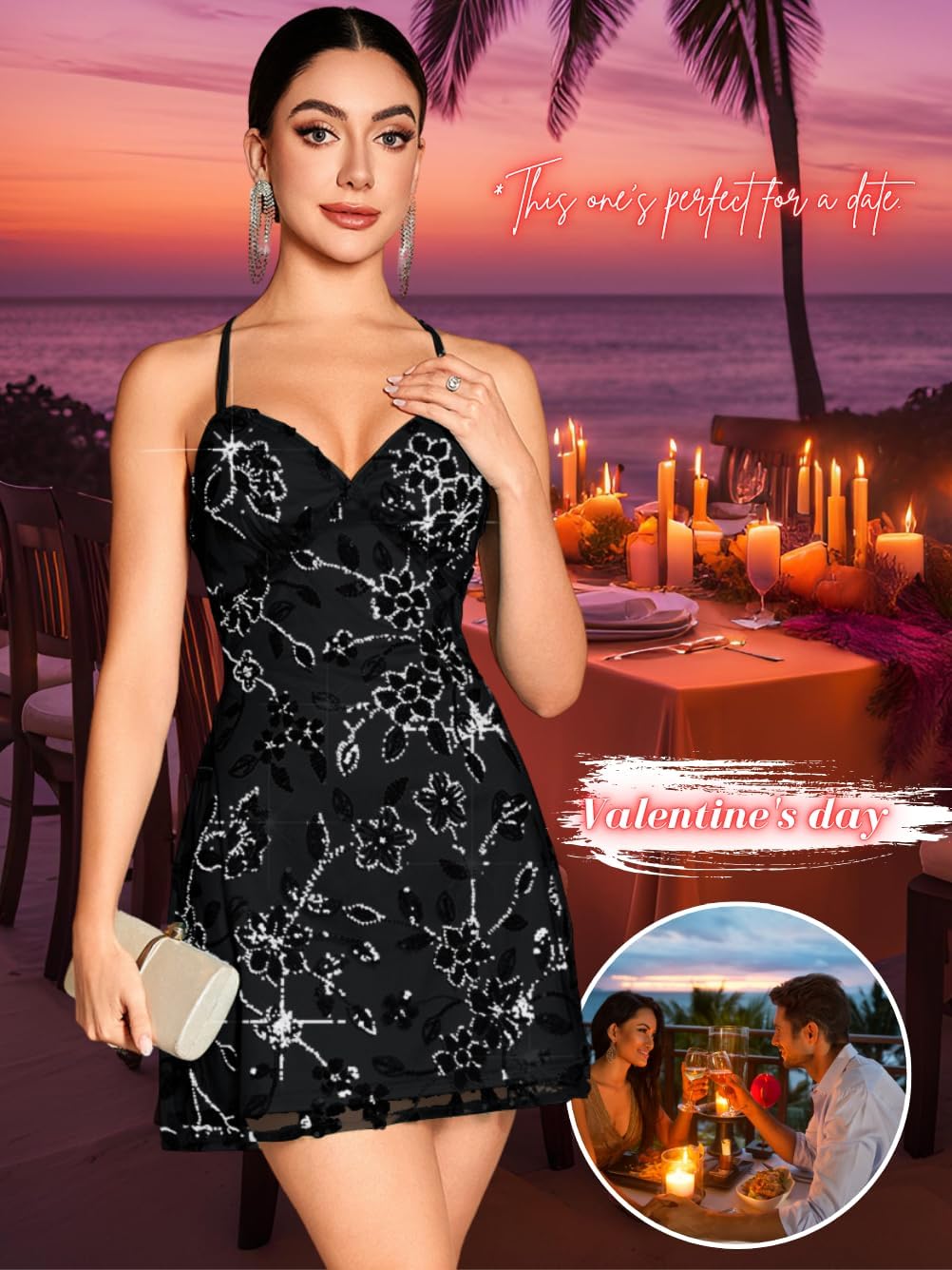 Beaded Sequin Dress,Backless Floral Mini Dresses for Women,Homecoming Cocktail Party Sparkly Outfits - Image 7