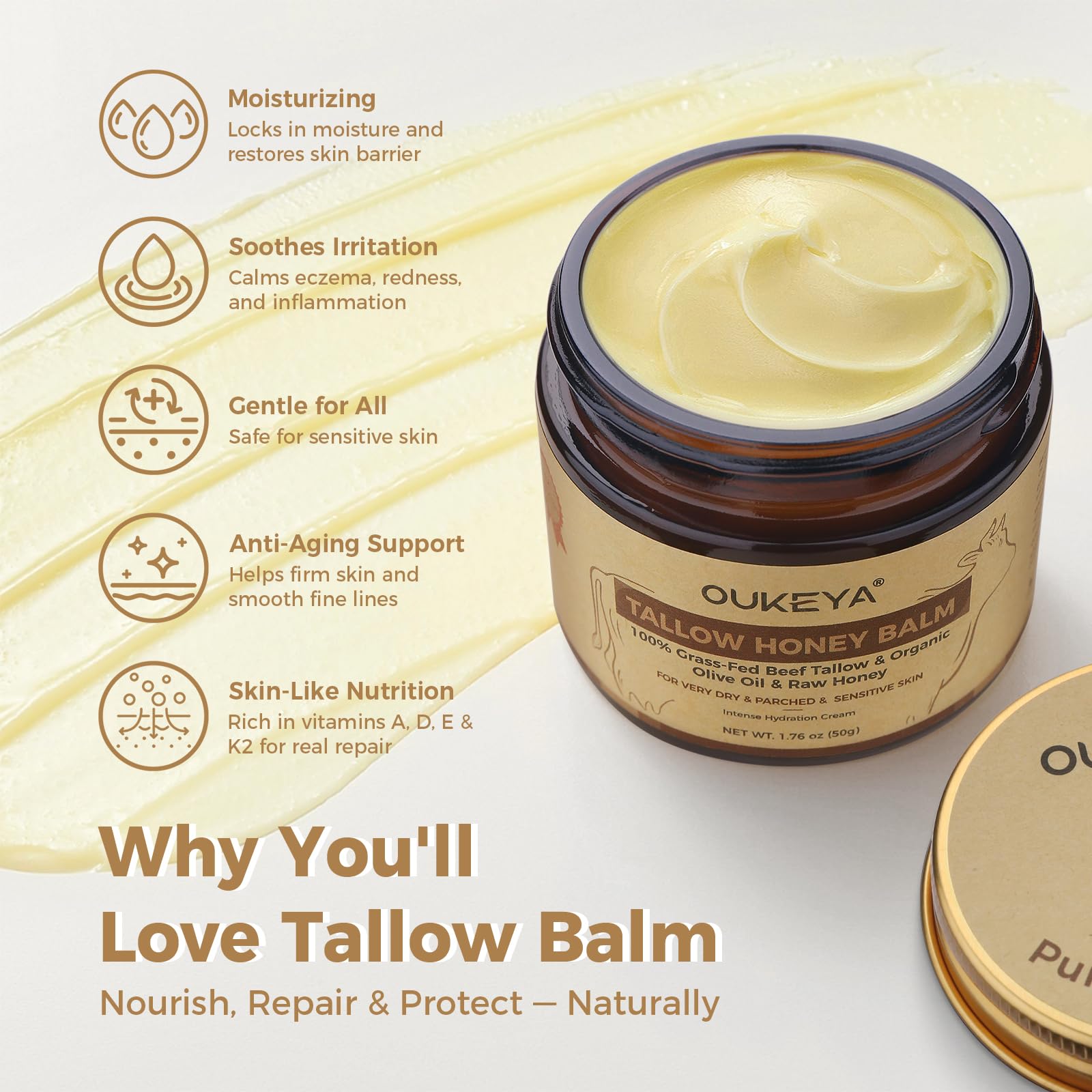 OUKEYA Beef Tallow Face Cream, Nutrimento Profondo Tallow Cream con Sego, Miele ed Estratti Vegetali di Cocco, Oliva, Avocado e Calendula, per Viso e Corpo (Versione Idratante Potenziata, 110g)