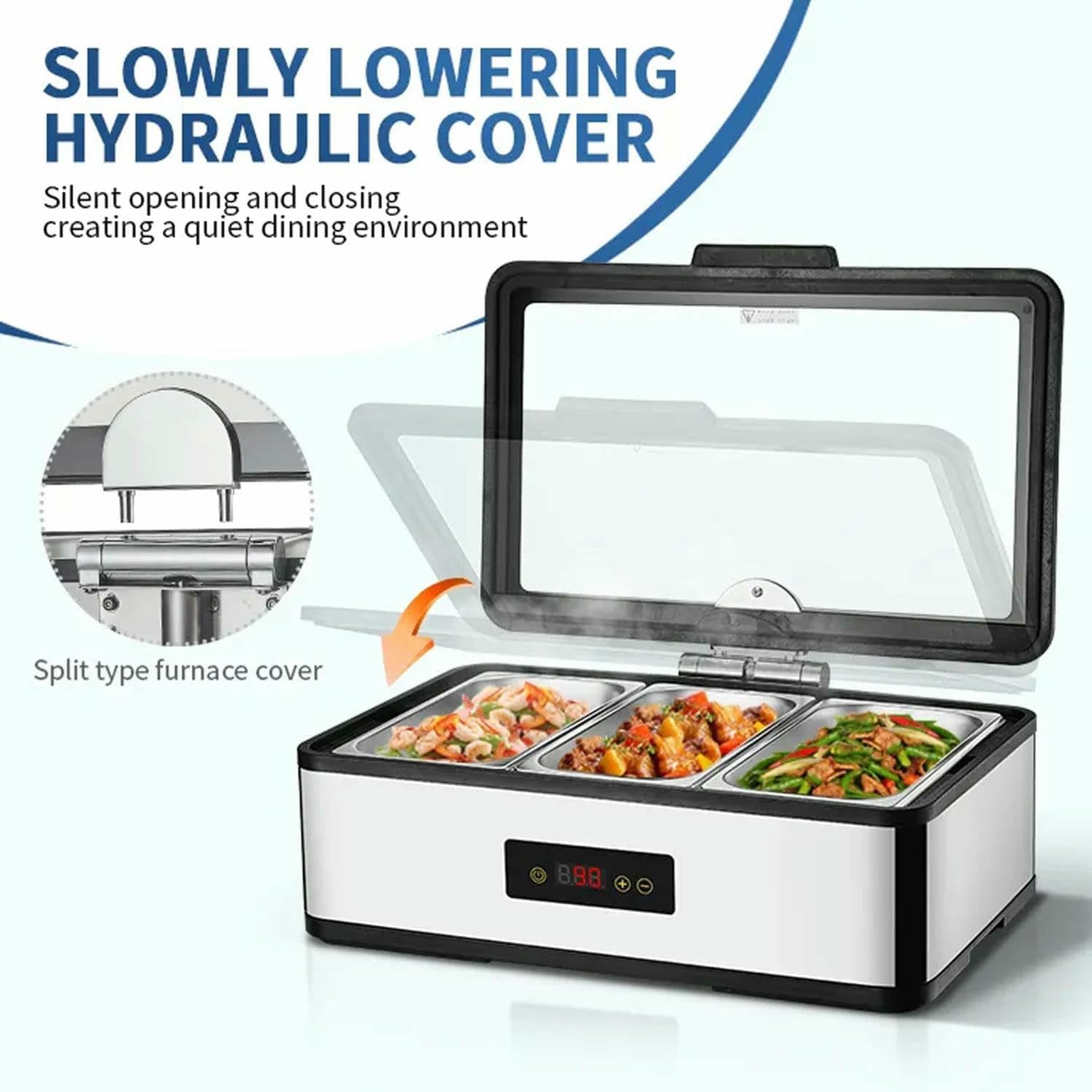 Bandeja Isotérmica Comercial para Alimentos, Placa Calentadora Eléctrica De Acero Inoxidable De 9 litros con Vidrio Templado Y Ventana De Visualización, Calentador Hidráulico .Single Grid