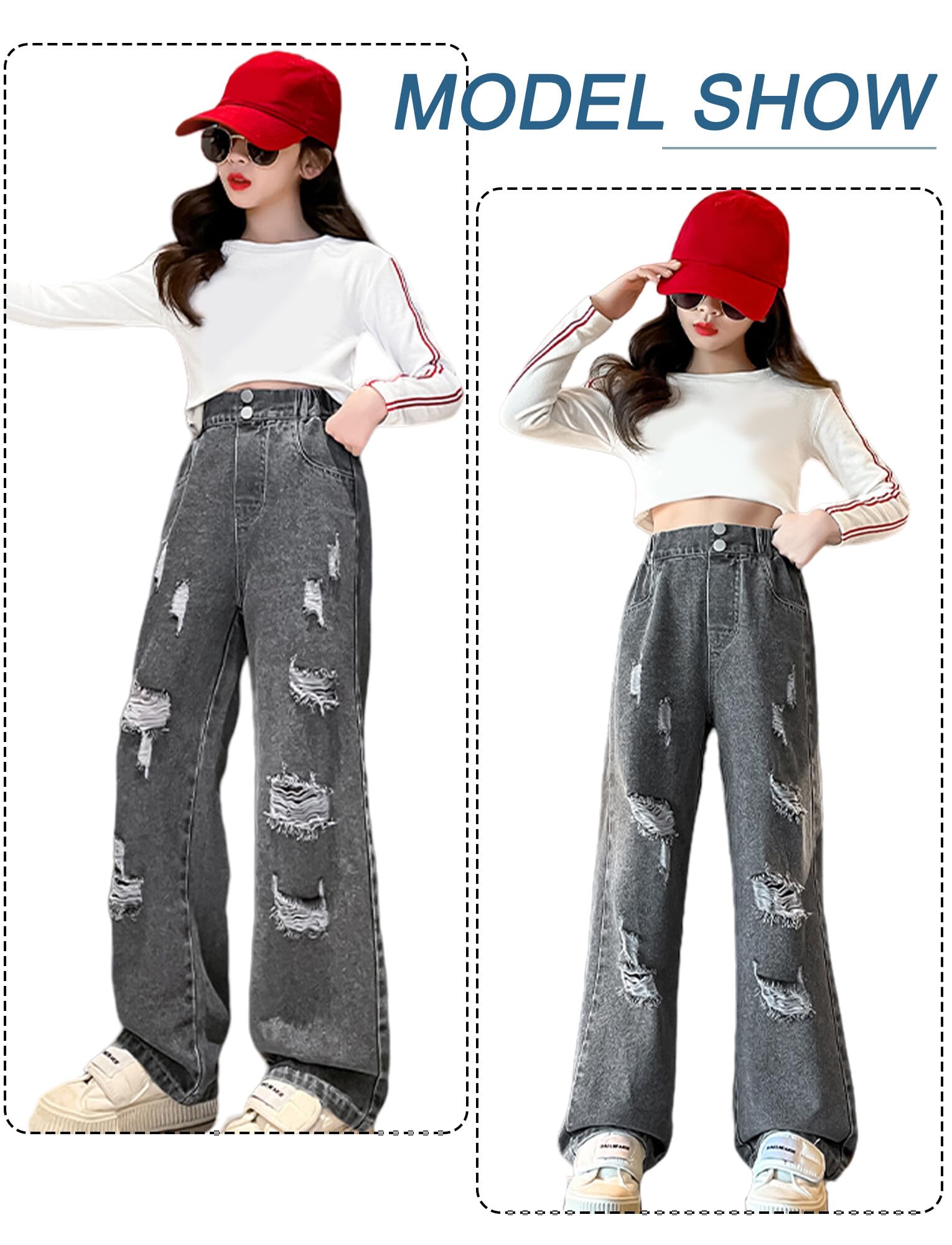 FEOYA Dziewczęce spodnie dżinsowe dla dzieci, spodnie dżinsowe, szerokie nogawki, streetwear z kieszeniami, dla nastolatków, vintage, Y2k, Baggy, jeansy Wide Leg 120-170