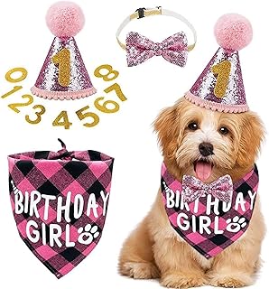 Dog Birthday Party Set, Dog Triangle Scarf, Birthday Hat, Dog Bow Tie, Gold Powder Digital Patch, Dog Girl Birthday Bandana for Small, Medium, Large Pets, Dog Birthday Party (Pink)