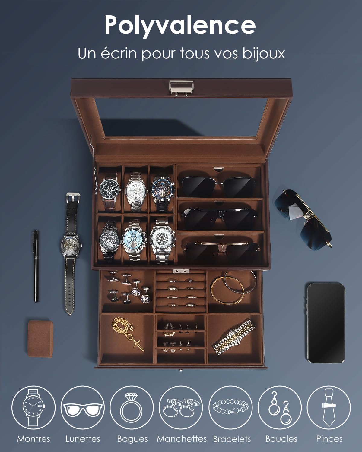 Kukikan Boîte à bijoux pour montre, boîte de rangement pour montres et lunettes de soleil avec grand couvercle en verre, 6 emplacements et 2 couches, boîte à bijoux pour homme avec serrure, présentoir