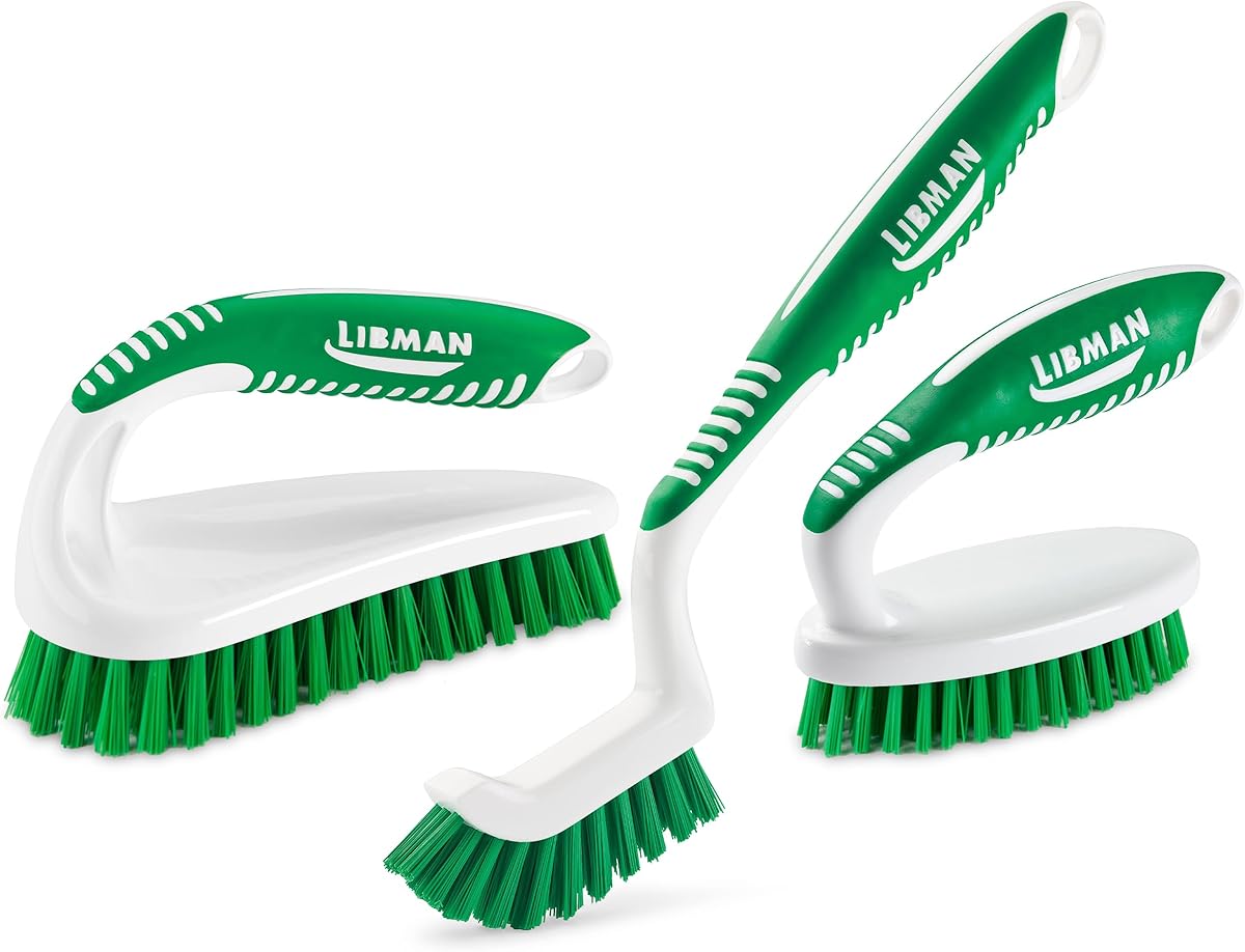 Libman Scrub Brush Kit – Three Different Durable Brushes for Grout, Tile, Bathroom, Kitchen. Easy to Handle, Strong Fibers for Tough Messes – Family Made in The USA, Unisex Lot 2406