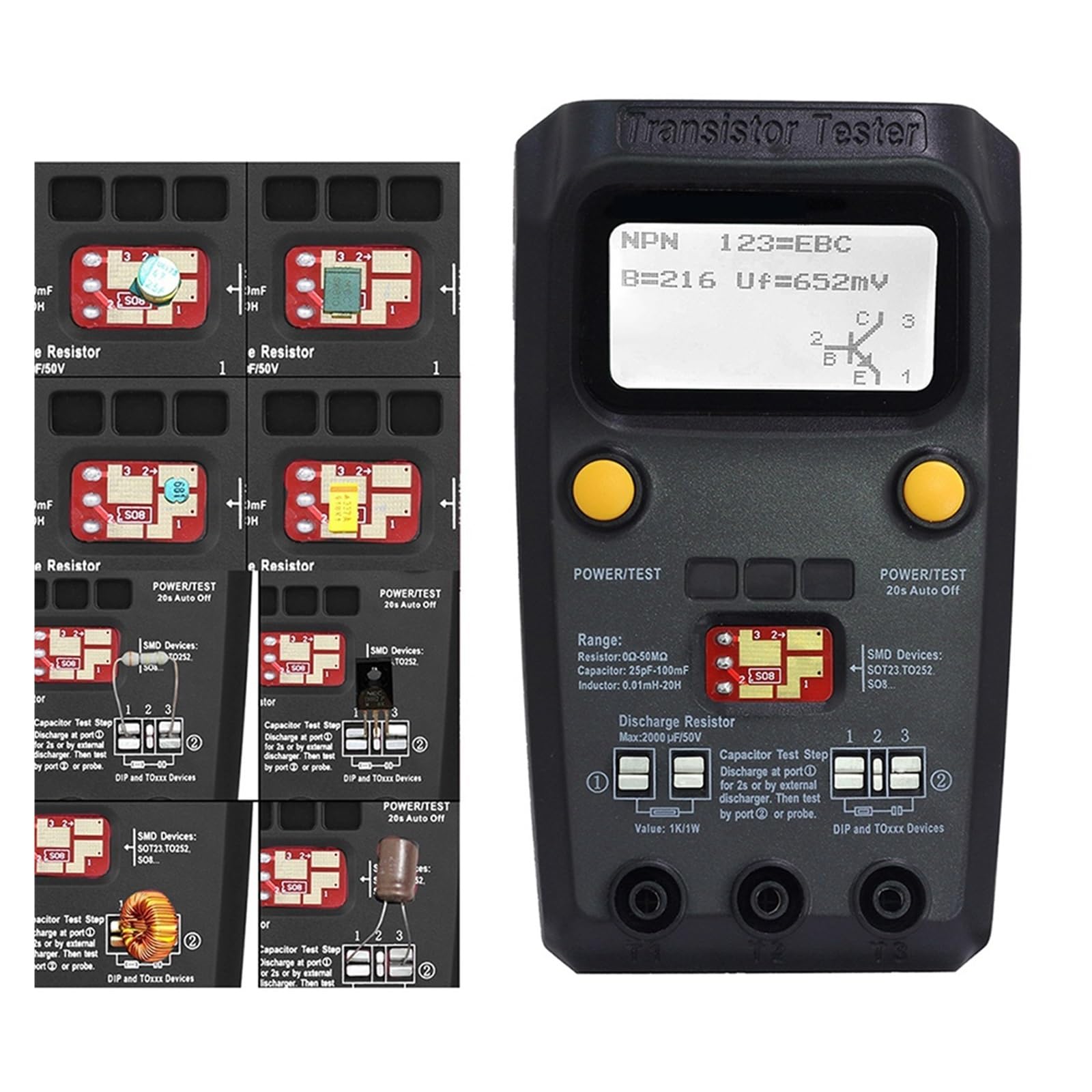 Multi-purpose Transistor ESR/SMD Tester Smart Diodo Triodo Misuratore Di Resistenza LCD Test MOS/PNP/NPN Lettura Rapida Accurata Facile(ESR02PRO-Test clip-01)