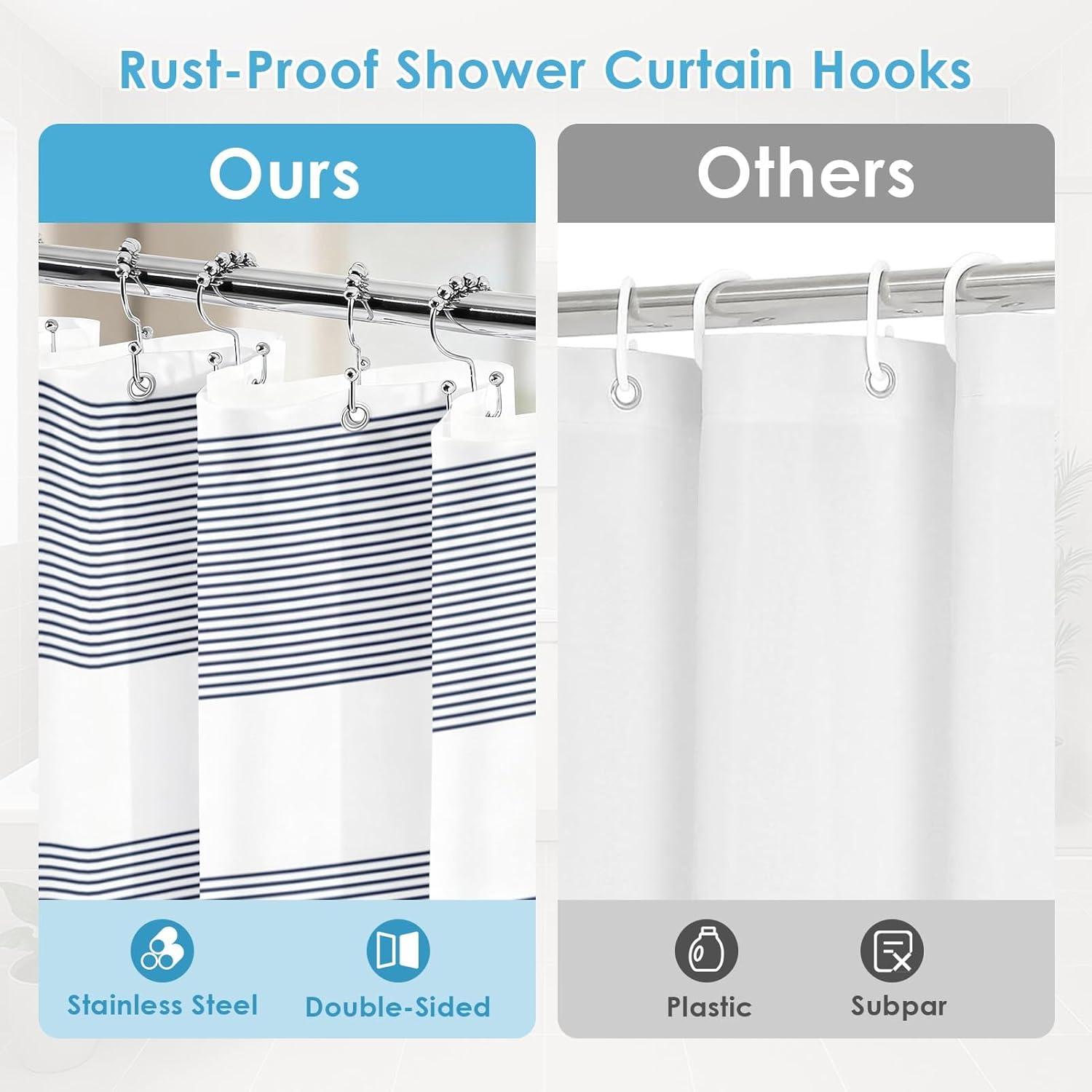 3-in-1 Shower Curtain Set, Modern Navy Blue Boho Striped Shower Curtain and Liner with Double-Sided Stainless Steel Hooks, Waterproof Fabric for Bathroom, 72x72 Inch