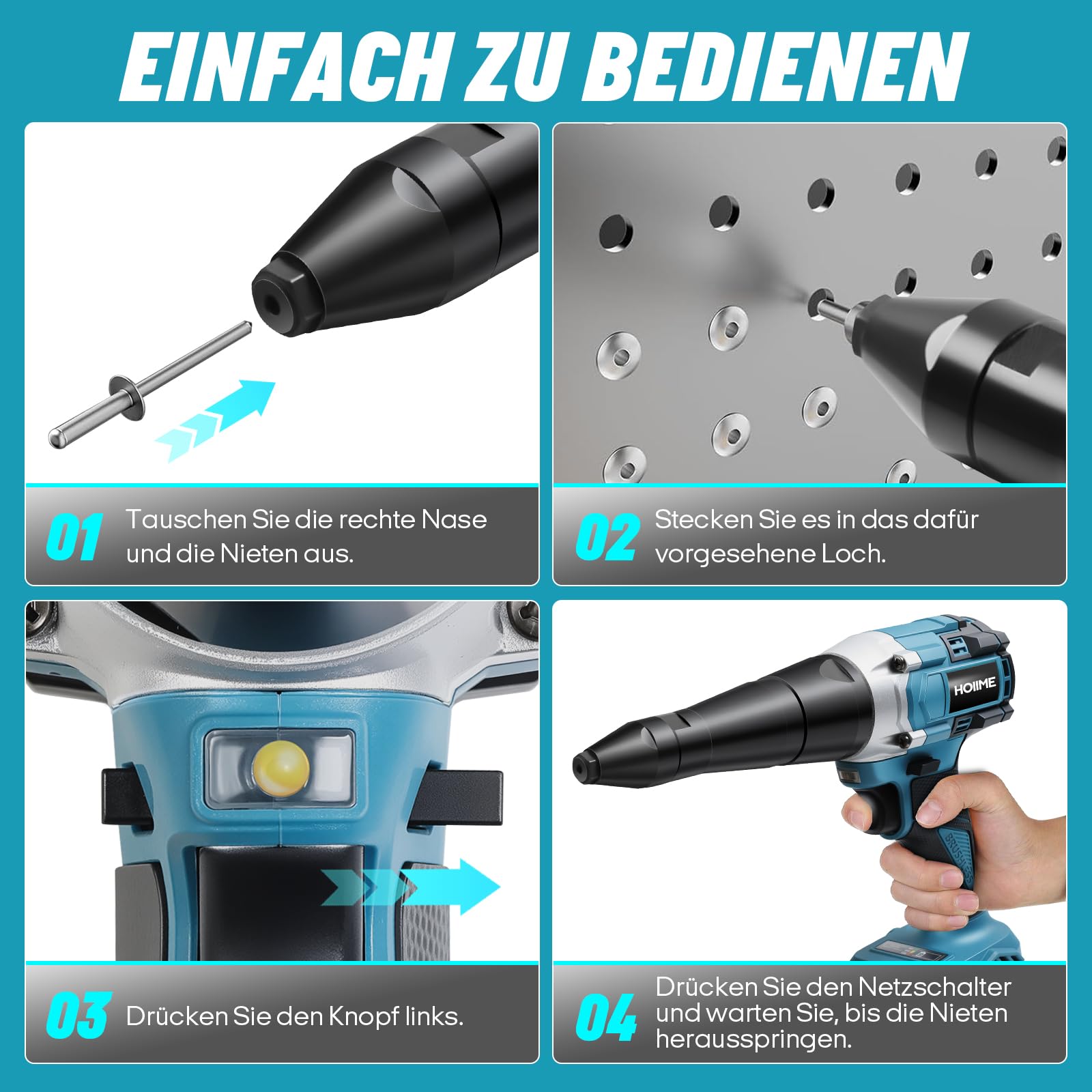 Maki-ta - Remachadora inalámbrica para batería de 18 V, pistola de tuerca remache inalámbrica de 20.000 N, pistola de remache eléctrica automática sin escobillas, para remaches de 3, 4, 5 mm, con 150
