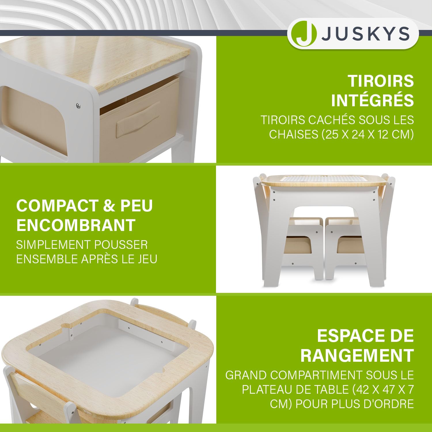 Juskys Ensemble de sièges pour Enfants Milou, Set 2 chaises & 1 Table en Bois, Table de Jeu avec Rangement, Coin Jeu pour Enfants, Naturel