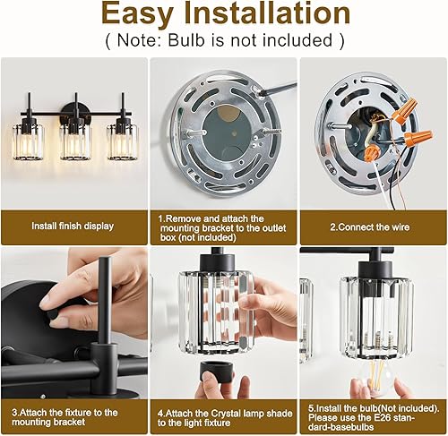 Miniatura 5 de Lámpara de tocador de cristal de 3 luces, accesorios de iluminación de baño sobre espejo, luz de pared de cristal negro, iluminación de pared