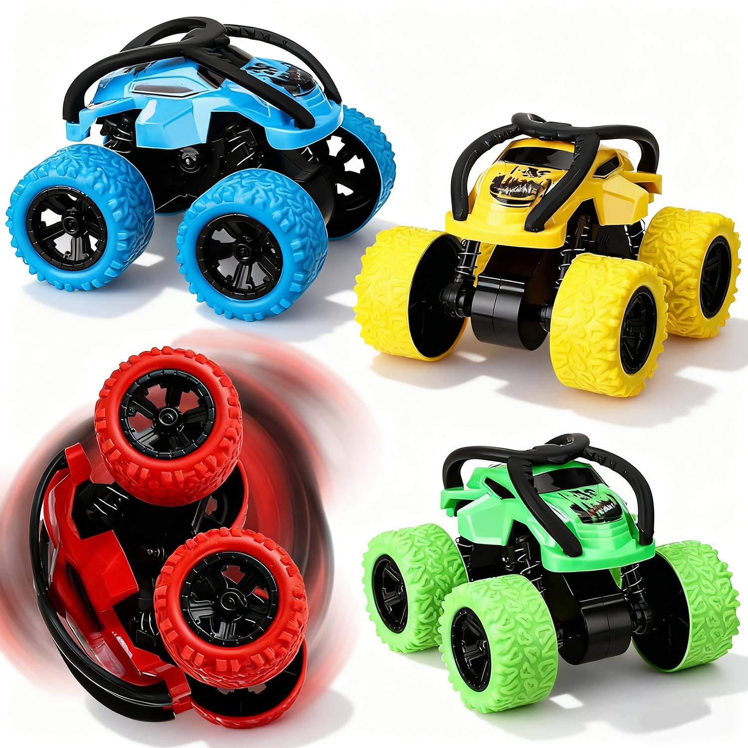 WFKKMEQ Pull Back Car Toys, Monster Trucks, Pull Back Car Toys 360° Rotation Off-road Friction Powered Vehicle Toy for 3-14 Year Old Boys Girls Kids, Birthday Gift -4pcs