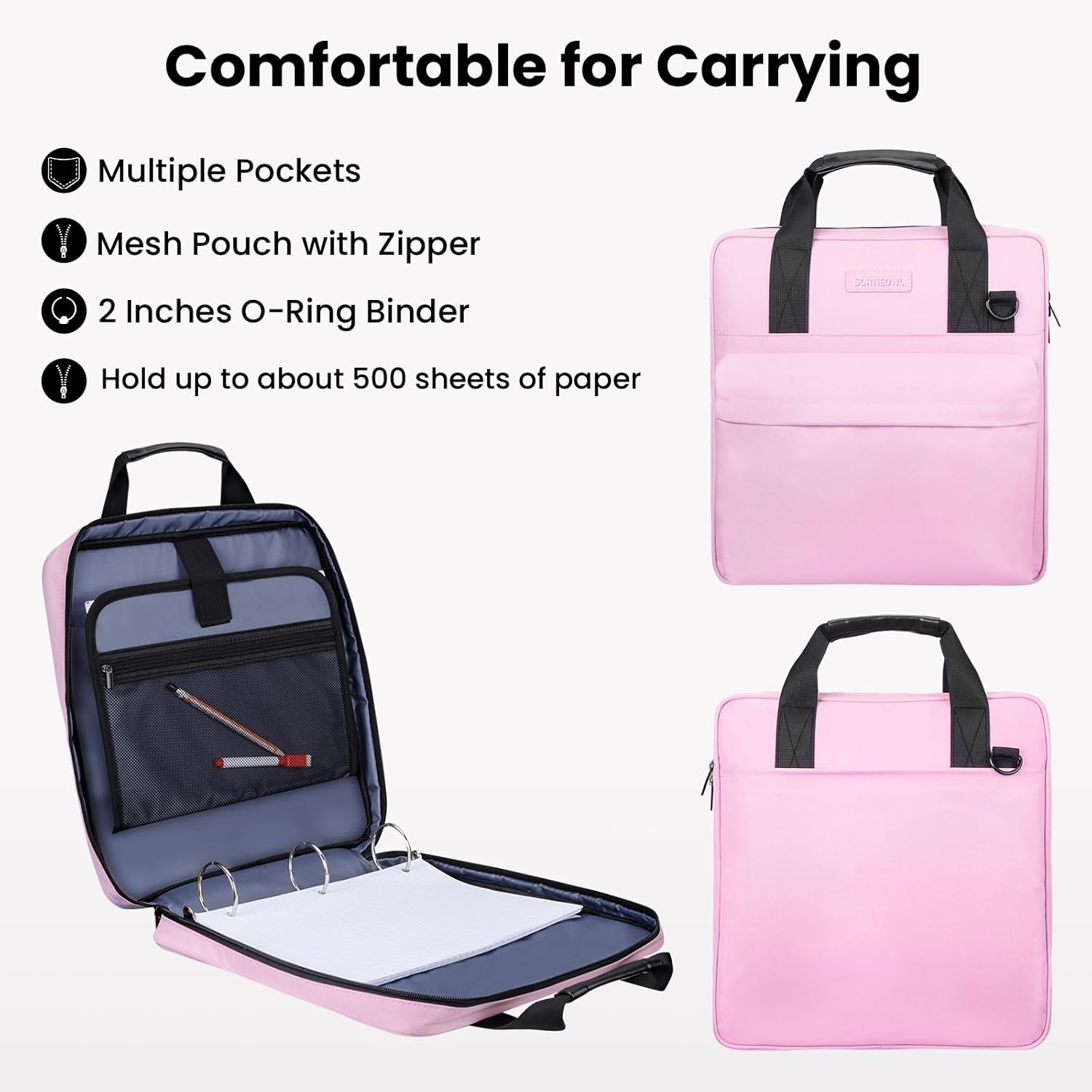 Zipper Binder 3 Ring 2 Inch with Shoulder Strap & Handle - Multi-Pocket School Binder Organizer for Middle School & Office - Holds 500 Sheets, Durable Premium Fabric - Pink
