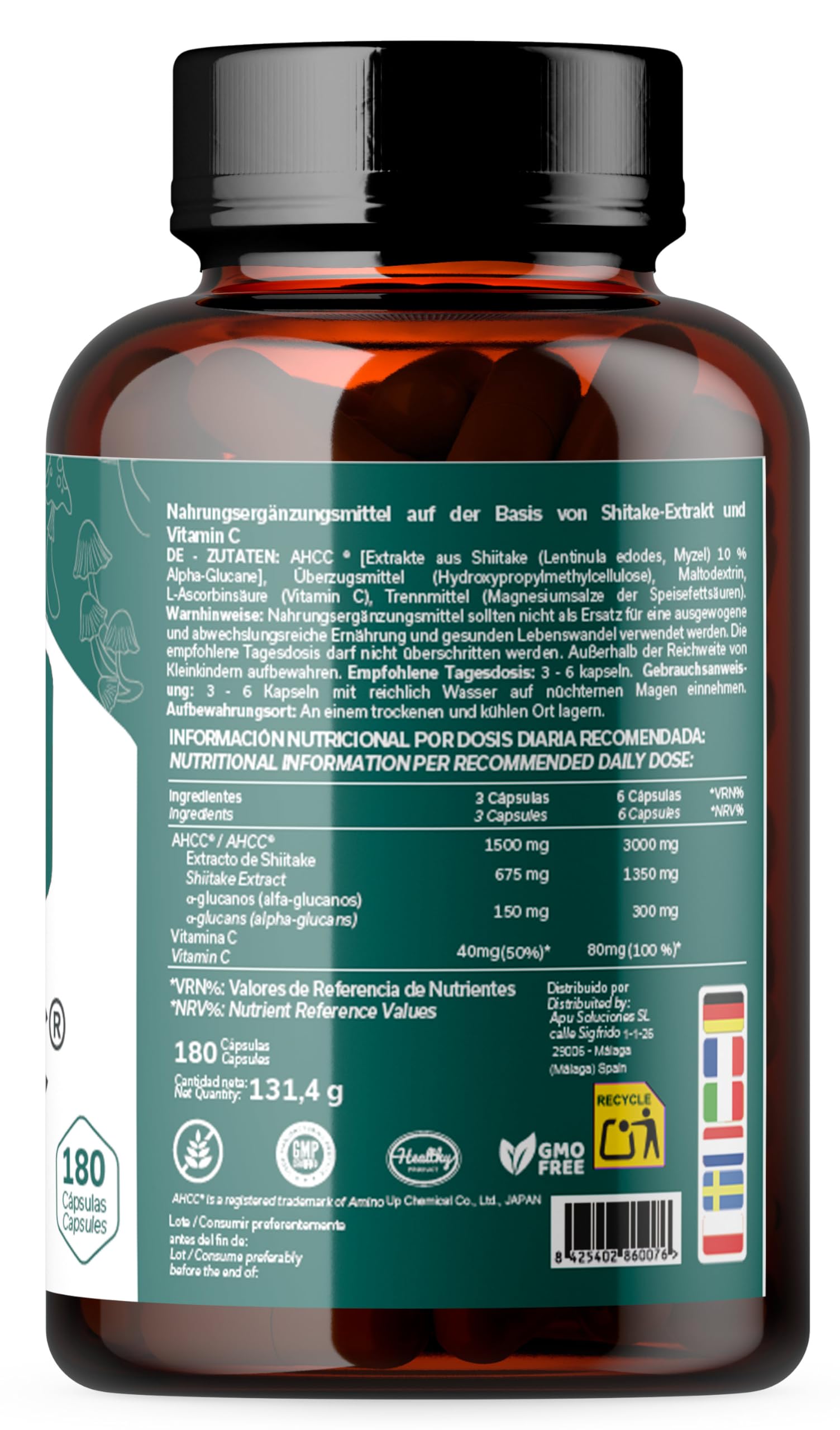 AHCC par Papiloxyl - 180 Gélules, 500 mg par Capsule, Culture Liquide Brevetée de Lentinula Edodes (Shiitake), Fabriqué au Japon par Amino Up, Sans Gluten