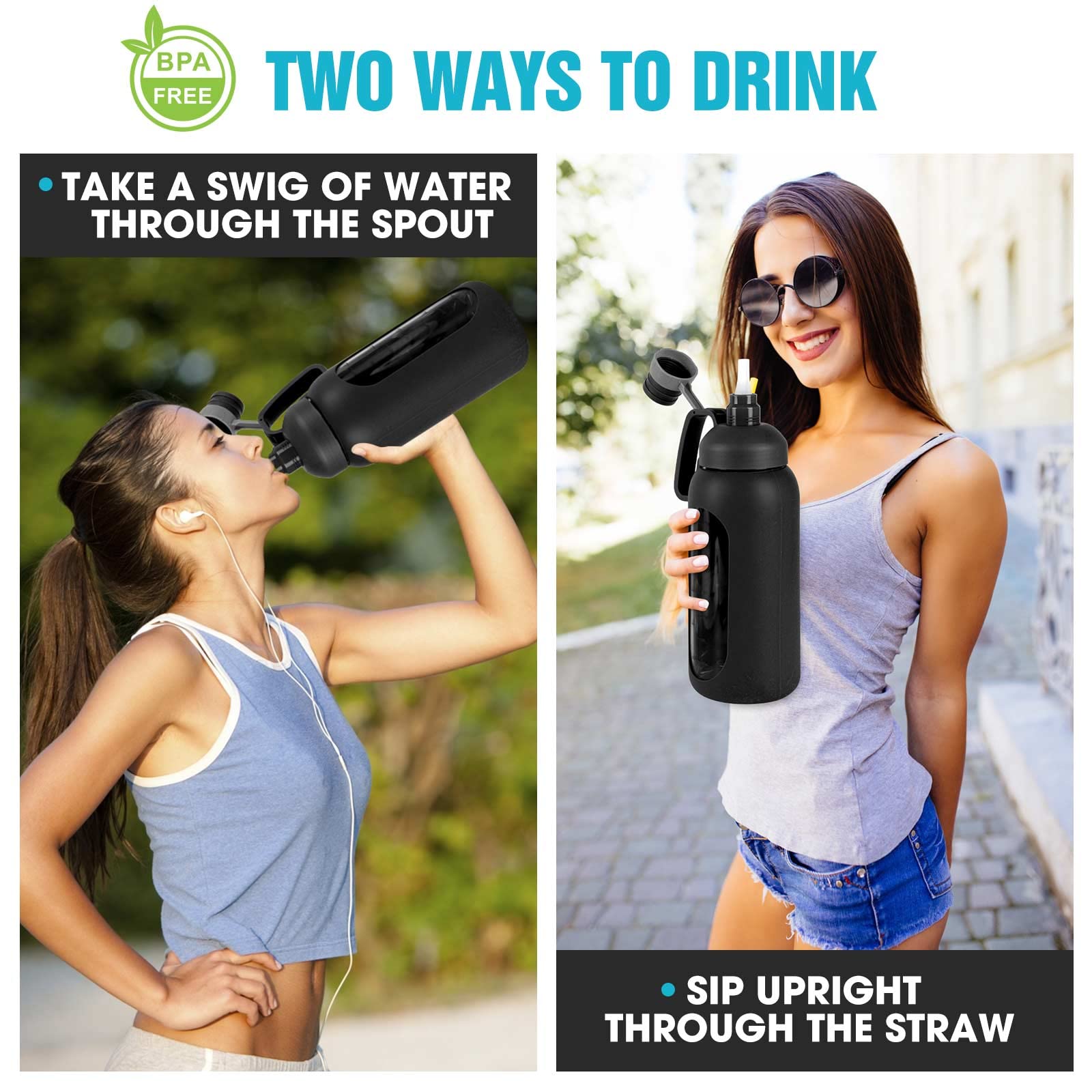 Aqulea Botella de agua de vidrio de 64 onzas con pajita, botella de agua de medio galón con pajita, 2 L, sin BPA, botella de agua grande con aislamiento de tiempo motivacional con asa y funda, botella