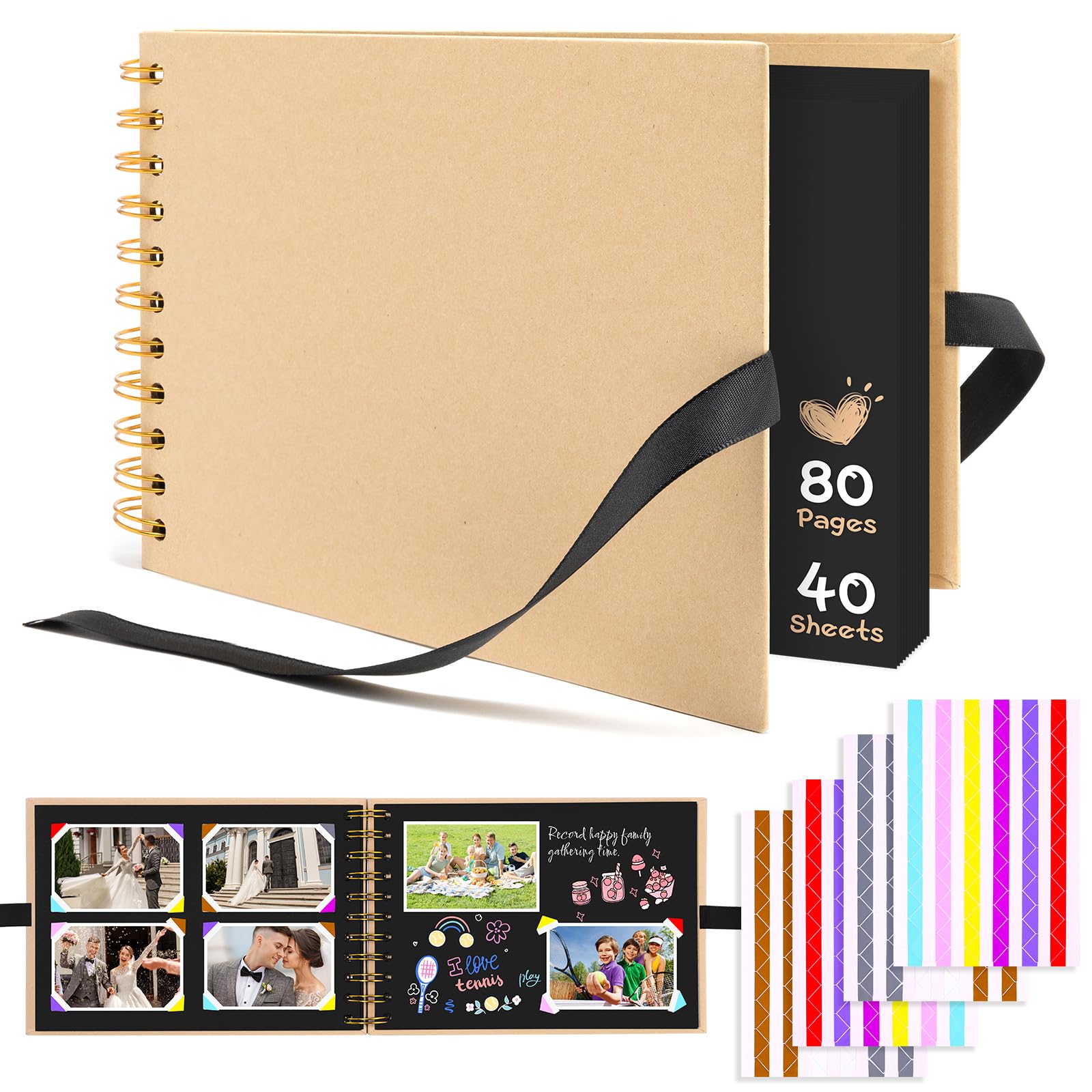 Scrapbook Photo Album 80 Pages 8.46 x 5.9 inch, DIY Memory Book with Photo Corner Stickers, Personalised Scrapbook for 80-160 Photos, Ideal Wedding, Baby Gift, Travel Adventure Book (Kraft,A5)