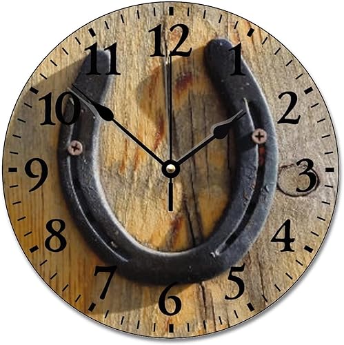 ArogGeld Reloj de pared de madera con forma de herradura de buena suerte, reloj de pared de madera silencioso y sin tictac, funciona con pilas,