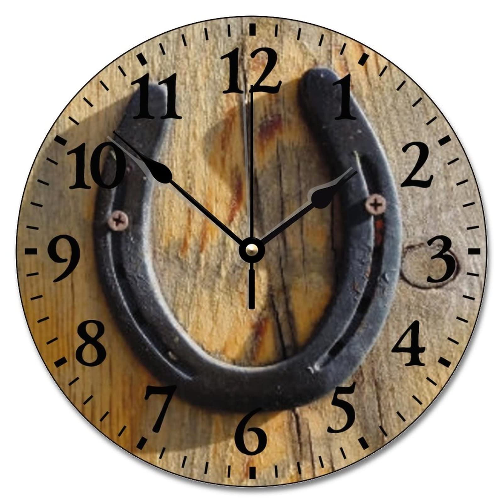 ArogGeld Cute Rustic Western Clock Good Luck Horseshoe Clock Personalized Silent Non Ticking Wooden Wall Clock Battery Operated Esay Read for Home Decor Kids Room Office Housewarming Gift