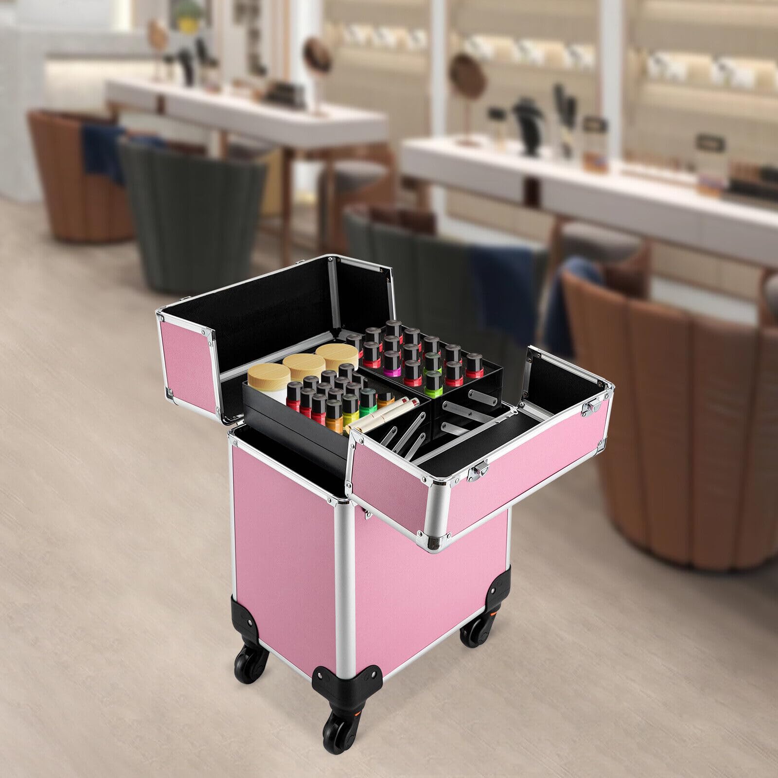Valise cosmétique à roulettes en aluminium 4-en-1 verrouillable roues pivotantes 360° voyage