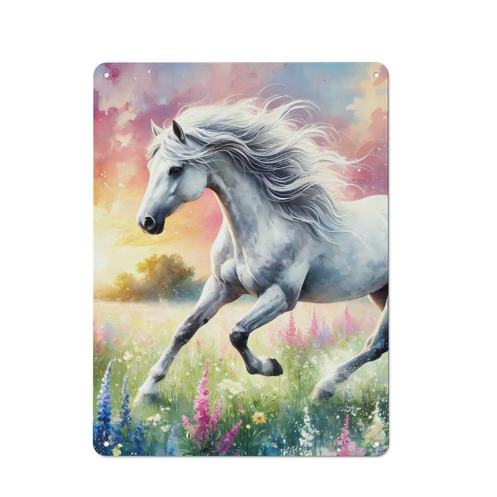 Junmoney White Horse Running Through Field Rustic Metal Sign 40X30cm For Garage Wall, For Everyday Room Decor With A Rustic Look