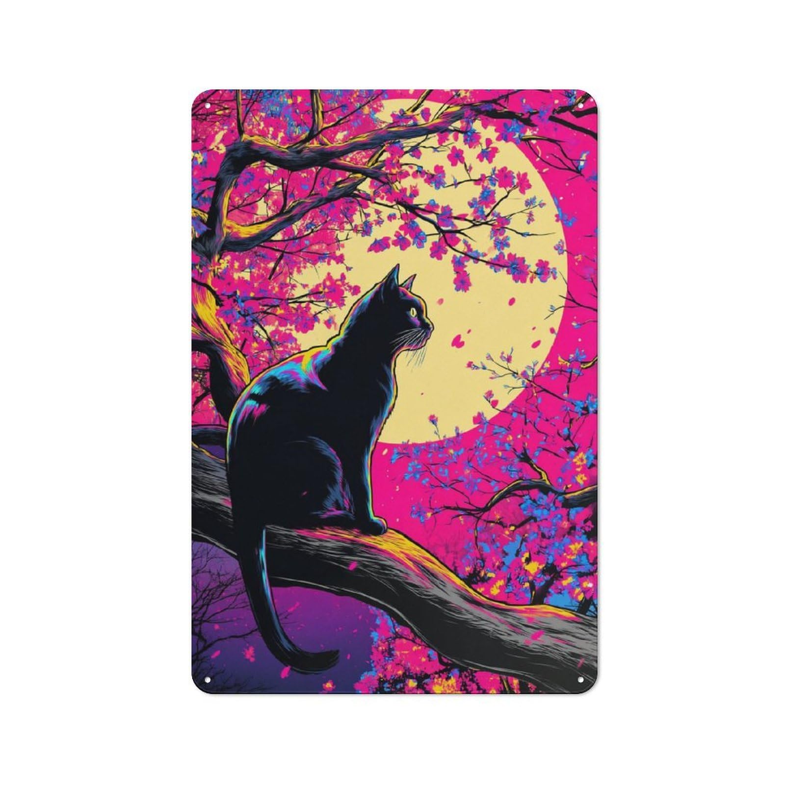 Junmoney Neon Cat Under Moonlit Blossoms Understated Decorative Metal Sign 30X20cm Featuring Study Room Decor For Workspace, Cafe, Shop Or Desk Area