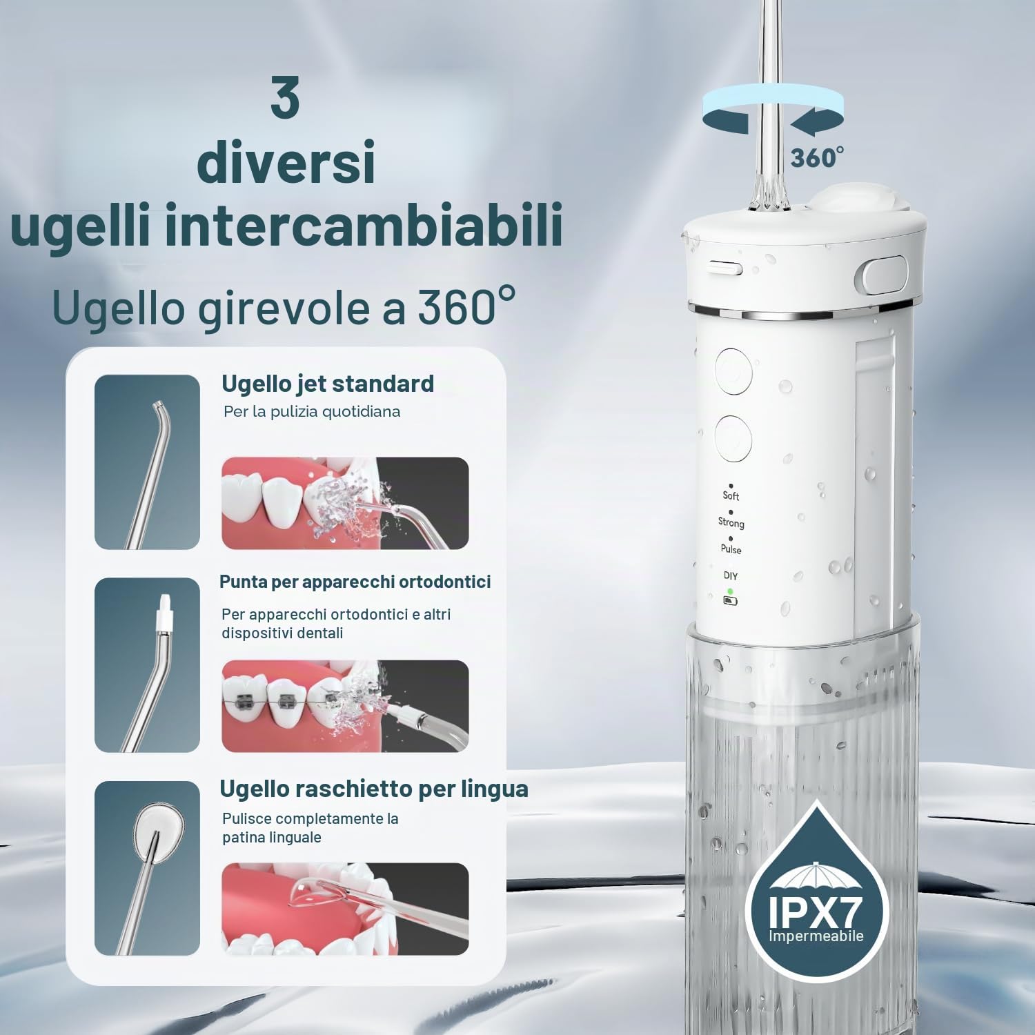 JTF Idropulsore Dentale Mini, Portatile Irrigatore Dentale Viaggio con 5 Ugelli Ricambio, 4 Modalità, IPX7 Impermeabile, 230 ML Erbatoio Dell'acqua Retrattile (Bianco)