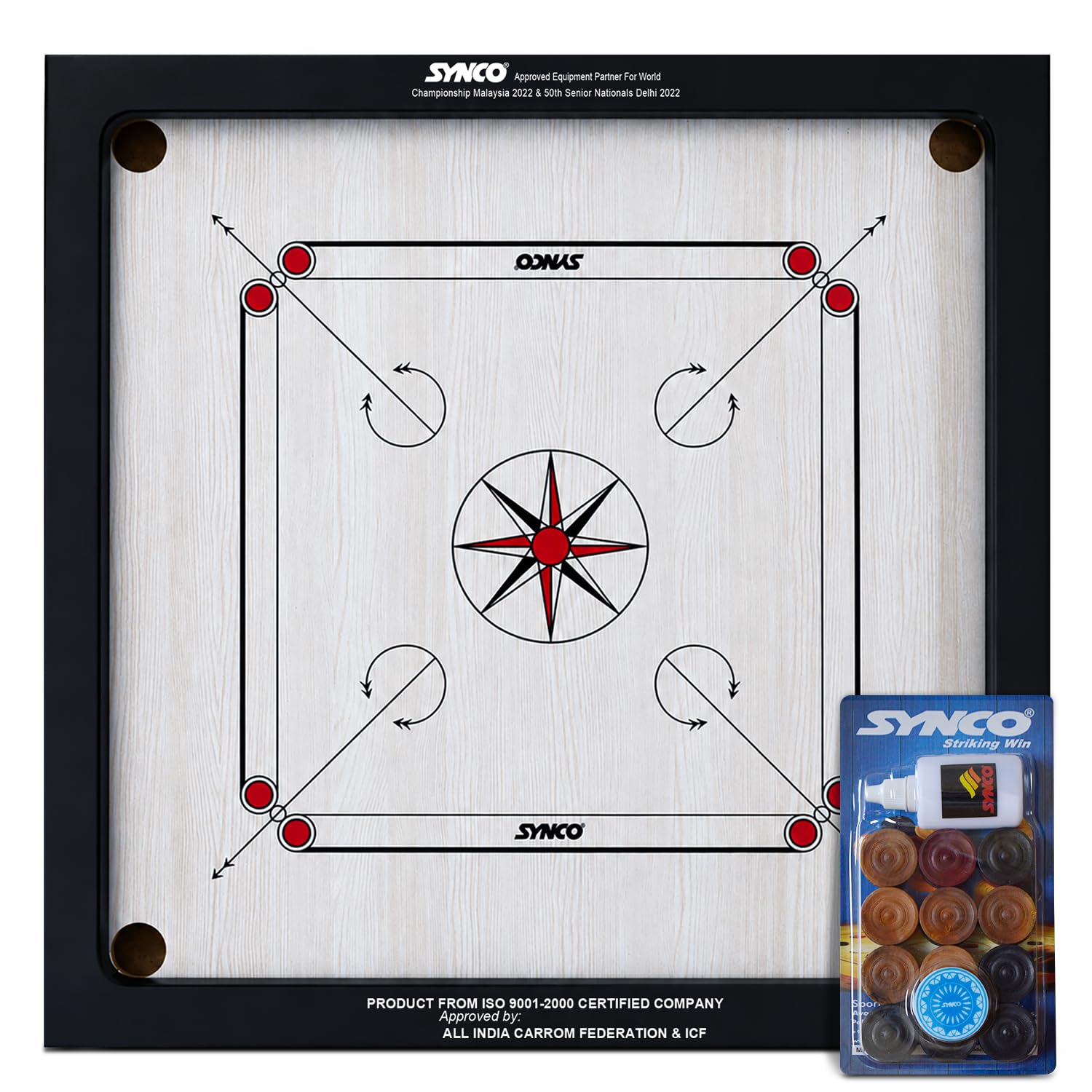 Synco 32 Inch Chakri Carrom Board 4mm Ply | Water Resistance | Natural Indian Plywood with Matte Finish |Premiem Coins & Striker |Excellent Re-bounce Quality| Professional carrom board for adult youth-image-44