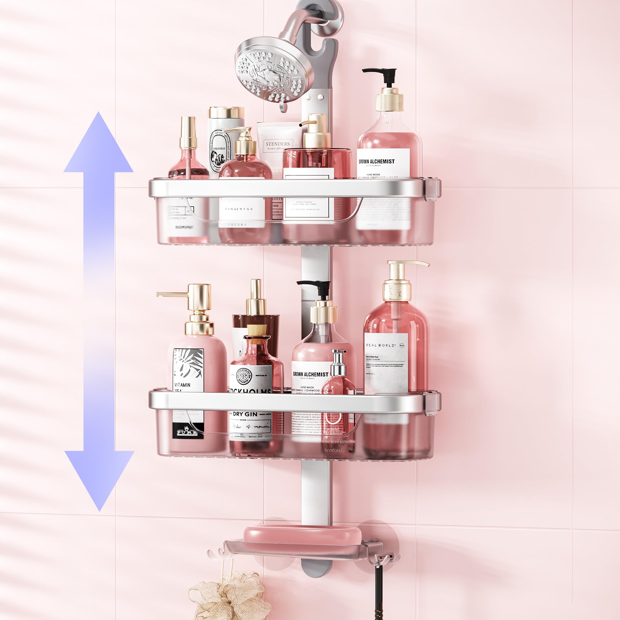 LAMU Adjustable Shower Caddy Hanging, Rust-Proof Hanging Organizer, 3-Tier Aluminum Alloy + ABS, Over-the-Showerhead with Hooks, Razor Holder, Soap Dish, Silver