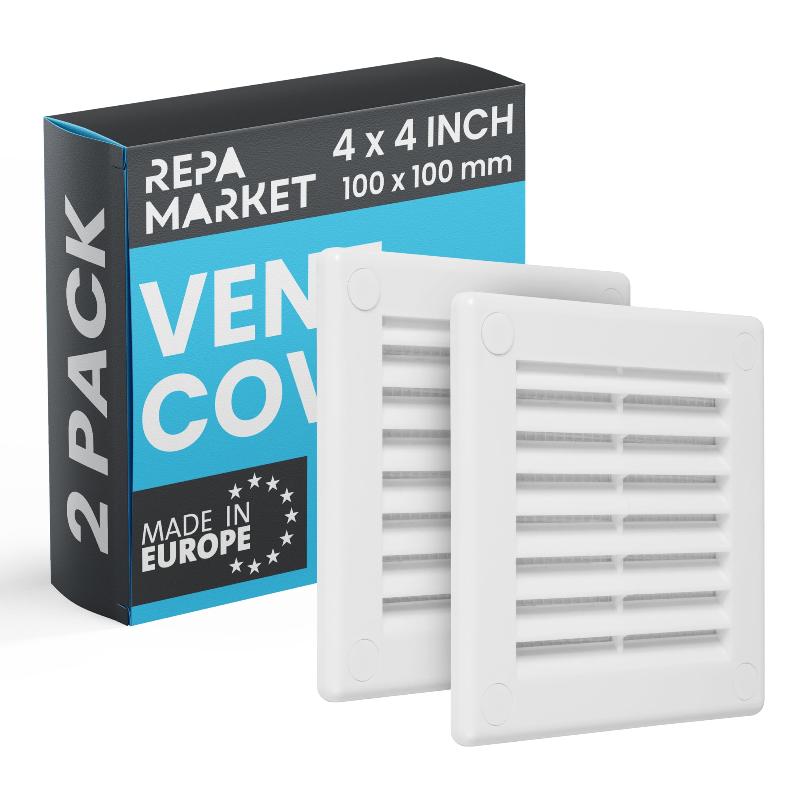 Repa Market 4 x 4 Inch / 100 x 100mm (Outer Size) White Square Air Vent Covers for Walls - Pack of 2 Plastic Intake Air Vents - Grill Cover w/Nylon Mesh Screen - HVAC Ceiling Ventilation Grilles