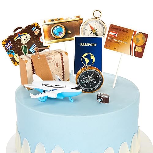 24 piezas de decoración de pastel de viaje Let The Adventure Begin Travel Theme Cupcake Toppers Mini Maleta, cámaras de avión, brújula miniatura