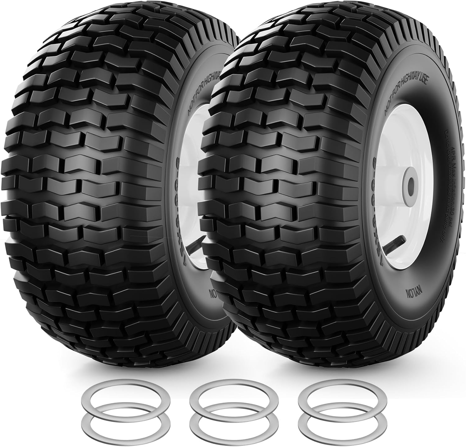 15x6.00-6nhs Lawn Mower Tires and Wheels, Riding Lawn Mower and Garden Tractor Front Pneumatic Tire Replacement Assembly, Easy to Install, 500Lbs Load, 3" Offset Hub, 3/4" Bearing, 2Pack White