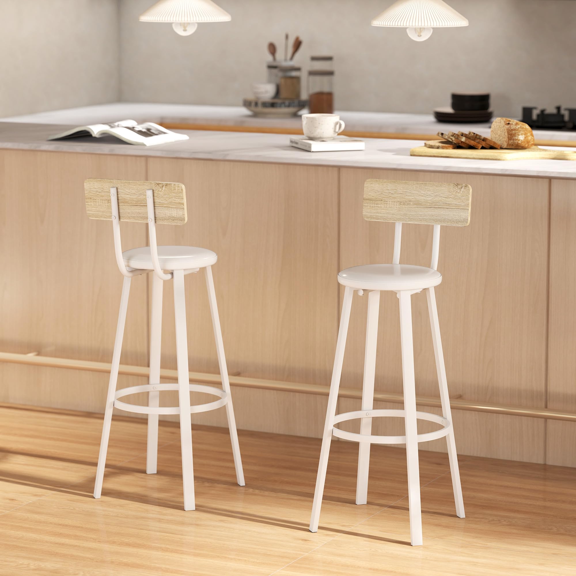 HOMCOM Juego de 2 Taburetes de Bar, Taburetes Altos de Cocina con Respaldo y Reposapiés, Tapizados de PU, Asiento de 75,5 cm de Altura, Fácil Montaje, Estilo Industrial, Natural y Blanco