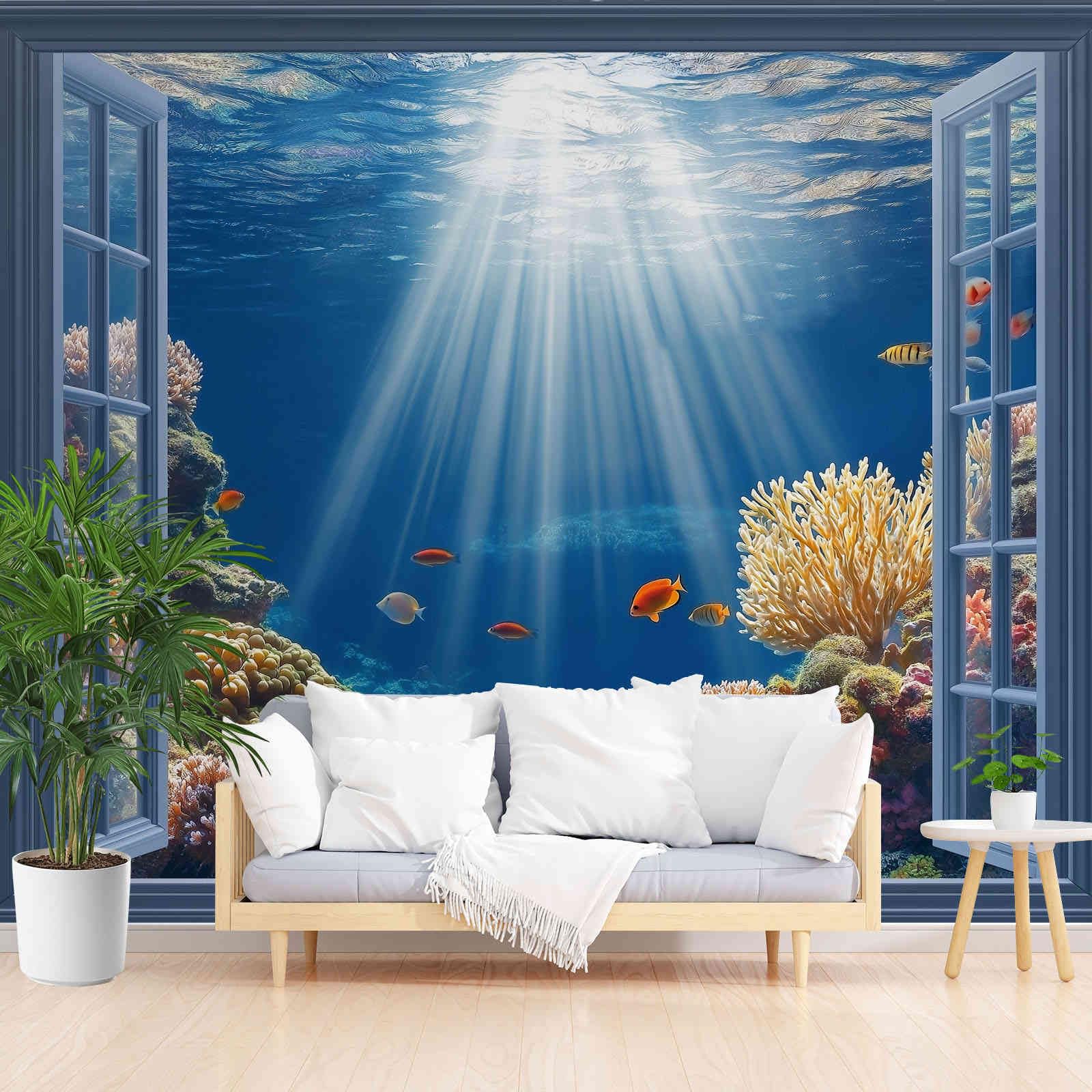 Papier peint panoramique 3D poissons tropicaux et corail bleu ocean pour grand mur de chambre
