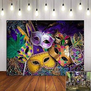 Masquerade Backdrops Purple Gold Glitter Beads Mask Carnival Photography Backdrop Fiesta Mardi Gras Dance Photo Background Birthday Party Photo Booths Props Decorations Supplies Vinyl 7x5ft