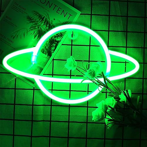 Miniatura 2 de Letreros de neón de planeta de neón de planeta, letrero de pared de planeta verde, luces de noche de neón para colgar en la pared, luz de neón de