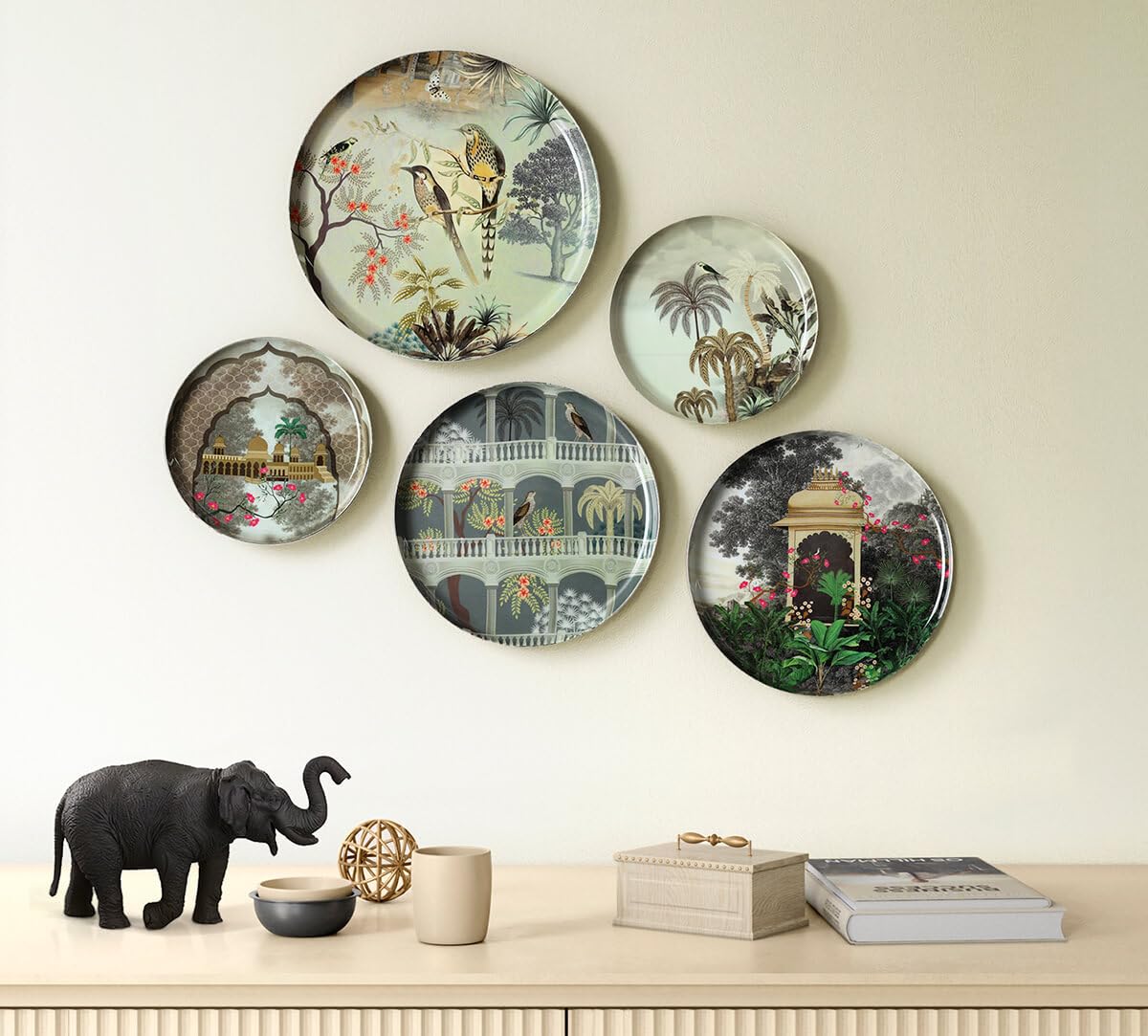 India Circus by Krsnaa Mehta Tropical Aves Wall Decor Plates Set of 5 | Wall Arts For Home Decor | Decorative Iron Plate for Living Room, Bedroom, Office Decor, Cafe, Restaurant (Size 12, 10, 8 inch)