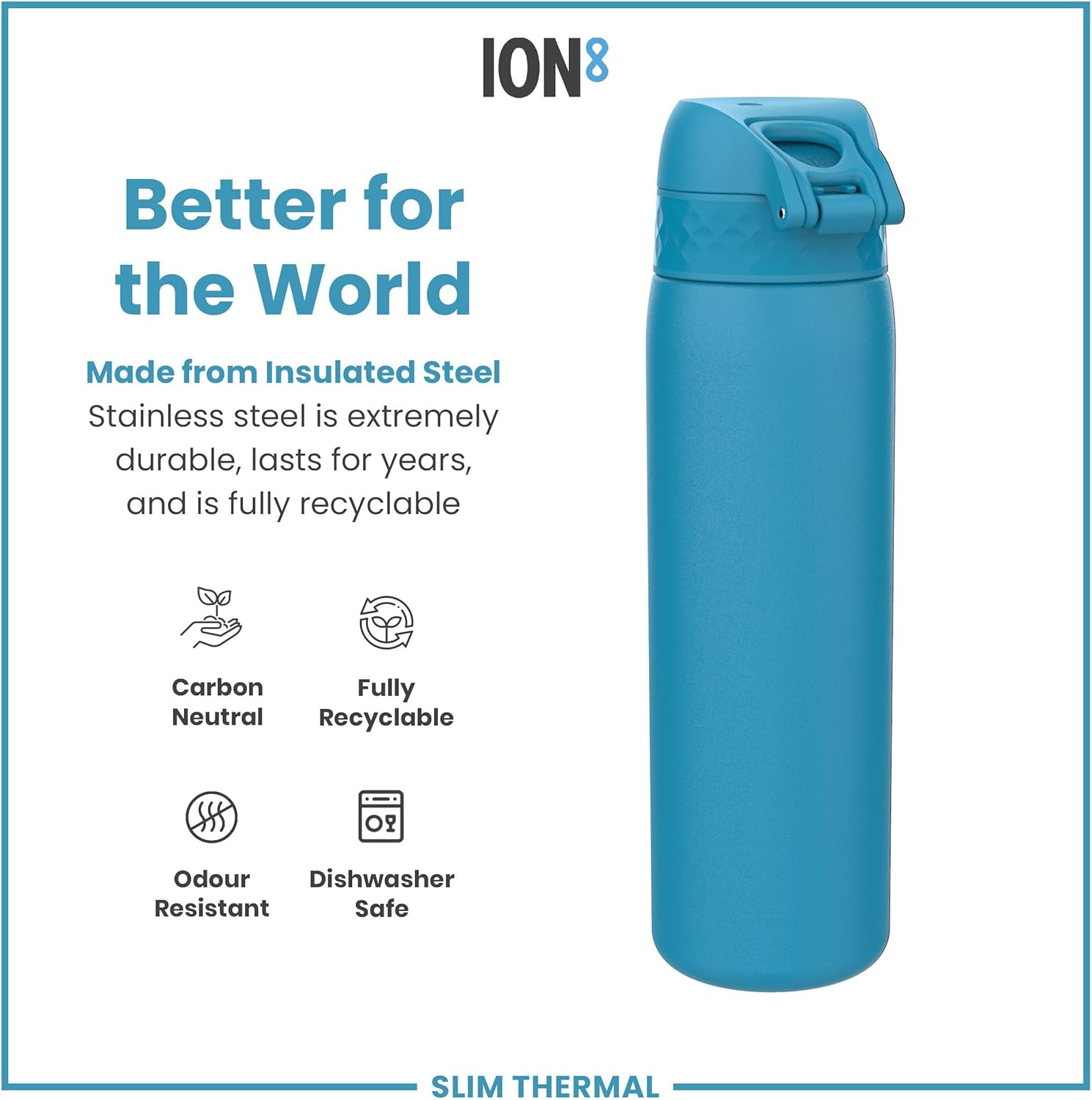 ION8 Vacuum Insulated Steel Water Bottle, 500 ml/18 oz, Leak Proof, Easy to Open, Secure Lock, Dishwasher Safe, Fits Cup Holders, Carry Handle, Scratch Resistant, Durable Stainless Steel, Blue - Image 5