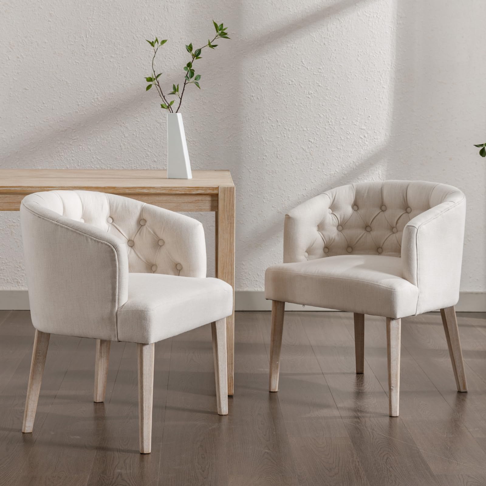 Ya-Home Mid-Century Dining Chairs Set of 2, Tufted Upholstered Linen Dining Room Chairs Comfy Side Chair Armchair Guest Chair with Wooden Legs for