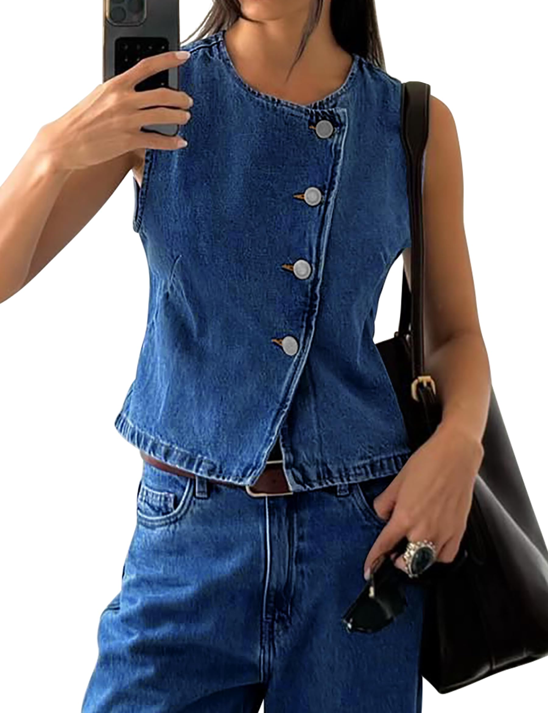 Womens Denim Vest Tops Sleeveless Jean Vest Button Down Denim Tank Tops Casual Waistcoat