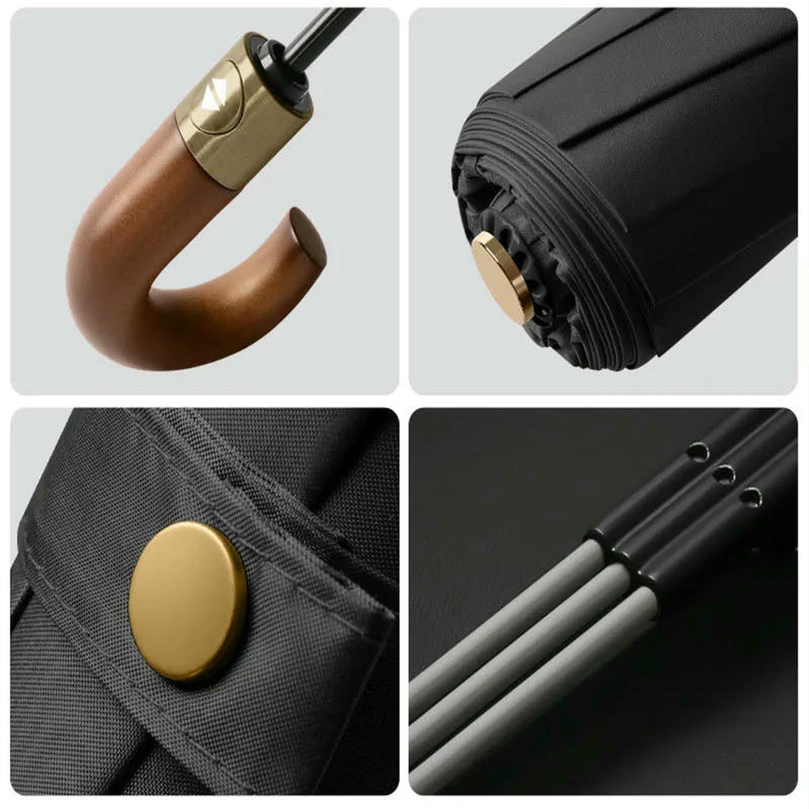 Ombrello Pieghevole Automatico Antivento A 30 Stecche per Uomo - da Golf Rinforzato E Resistente con Manico in Legno Curvo-125 Cm Nero