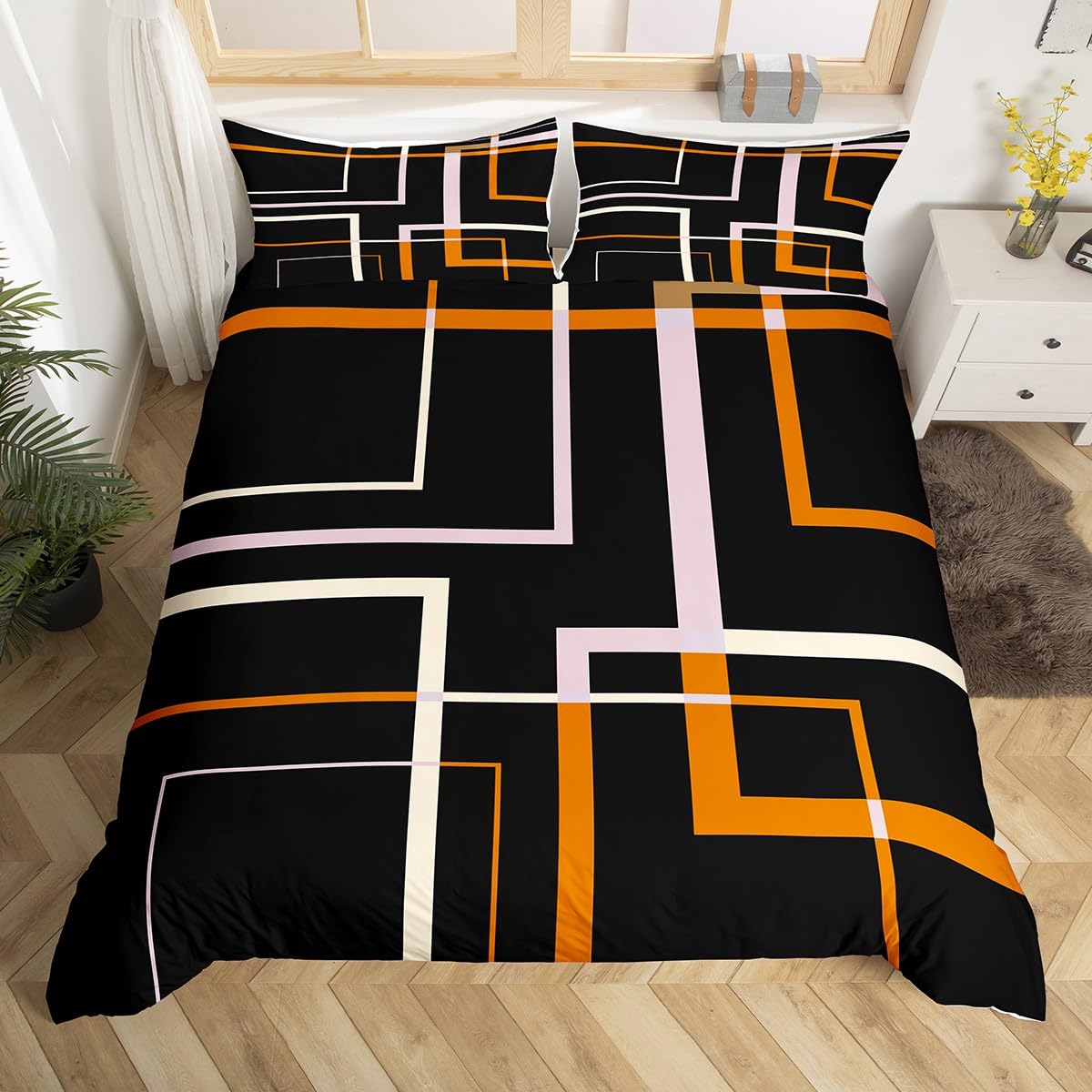 Homewish Geometric Square Bedding Single Black and Orange Duvet Cover