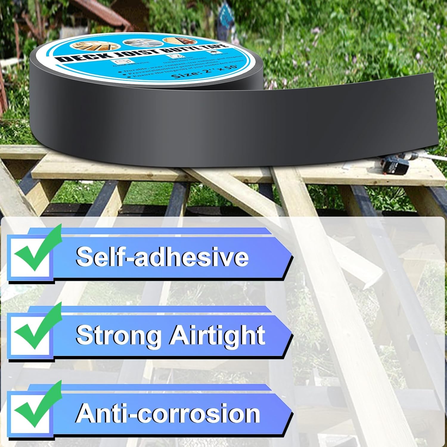 REEPLAR (10 Rolls) 2" x 50' Deck Joist Butyl Tape, Upgraded Strong Waterproof Seal and Weather Resistance Tape, for Top of Joists and Beams