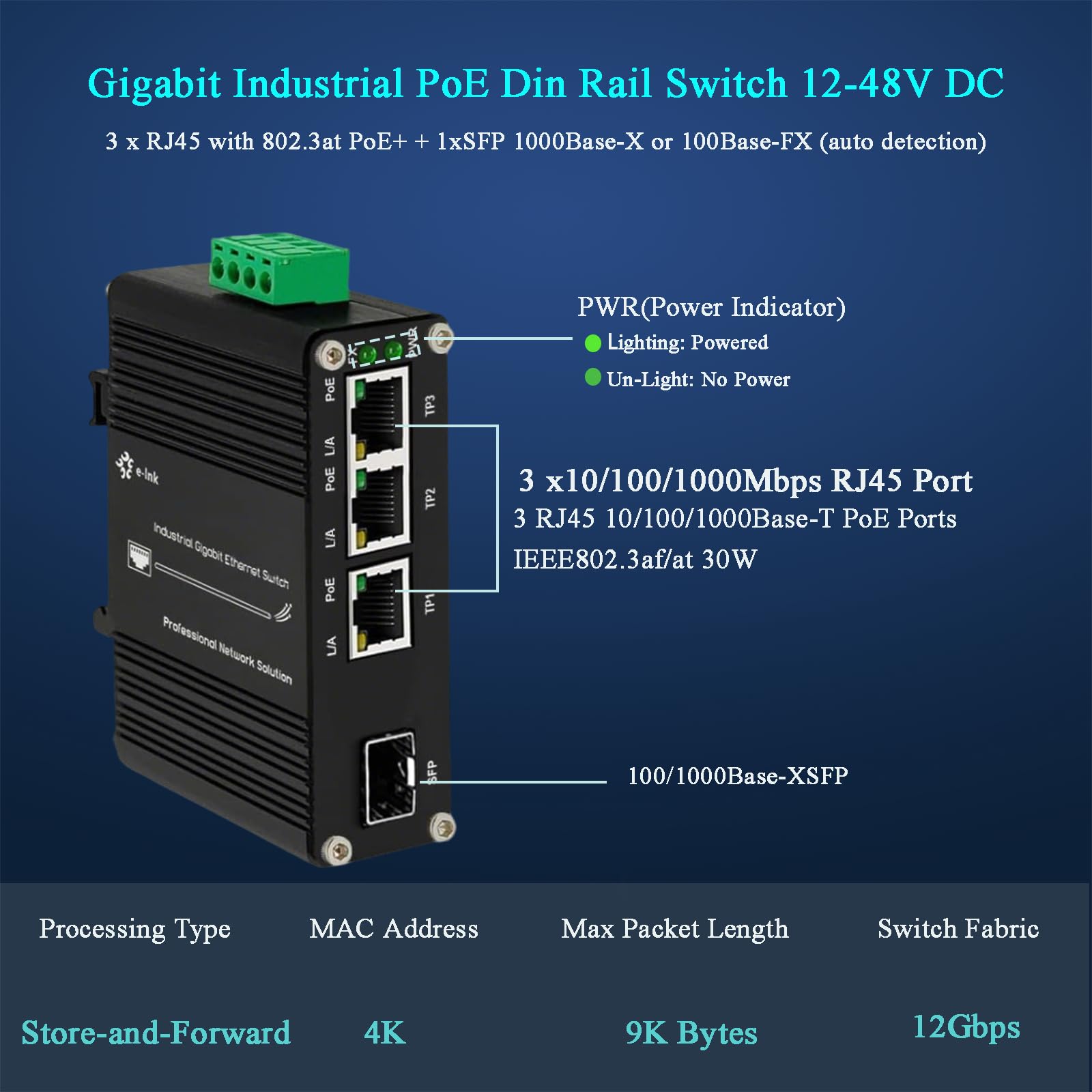 Switch industriale a 3 porte Gigabit PoE+ con slot SFP 12-48VDC Ingresso ad ampia tensione DIN e montaggio a parete da -40°C a 75°C RJ45 temprato 10/100/1000Mbps 802.3at 30W/Port Ethernet Switch