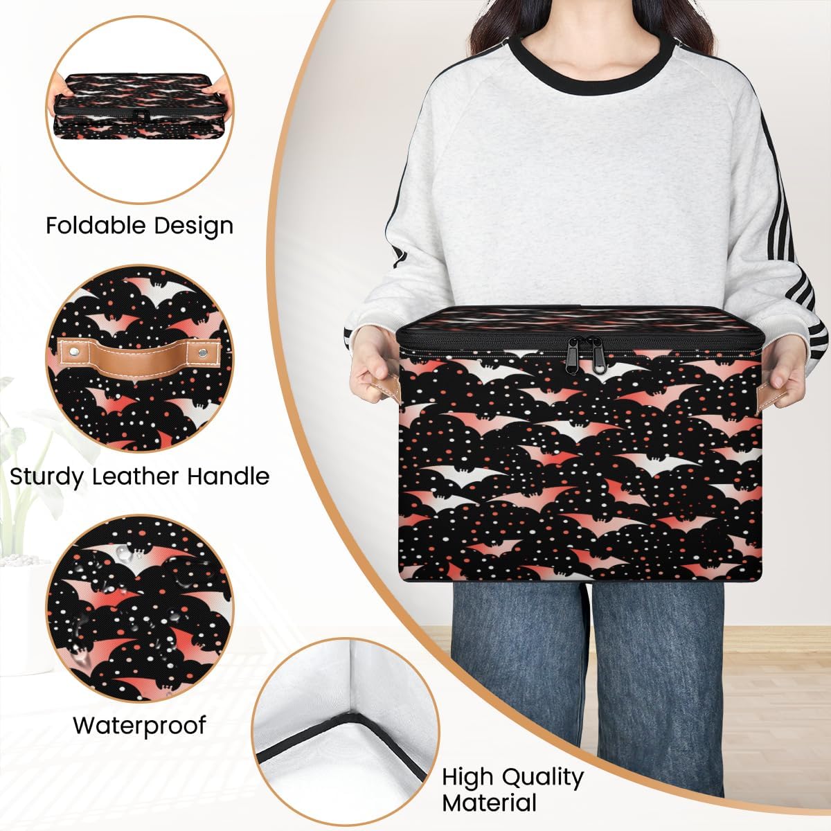 Storage Bin Set of 2 Red Bats Storage Basket with Zipper Lid & Handle Foldable Closet Shelf 2 Pack Cloth Organizer Basket Cube Bins Clothes Organizer for Bedroom, Nursery